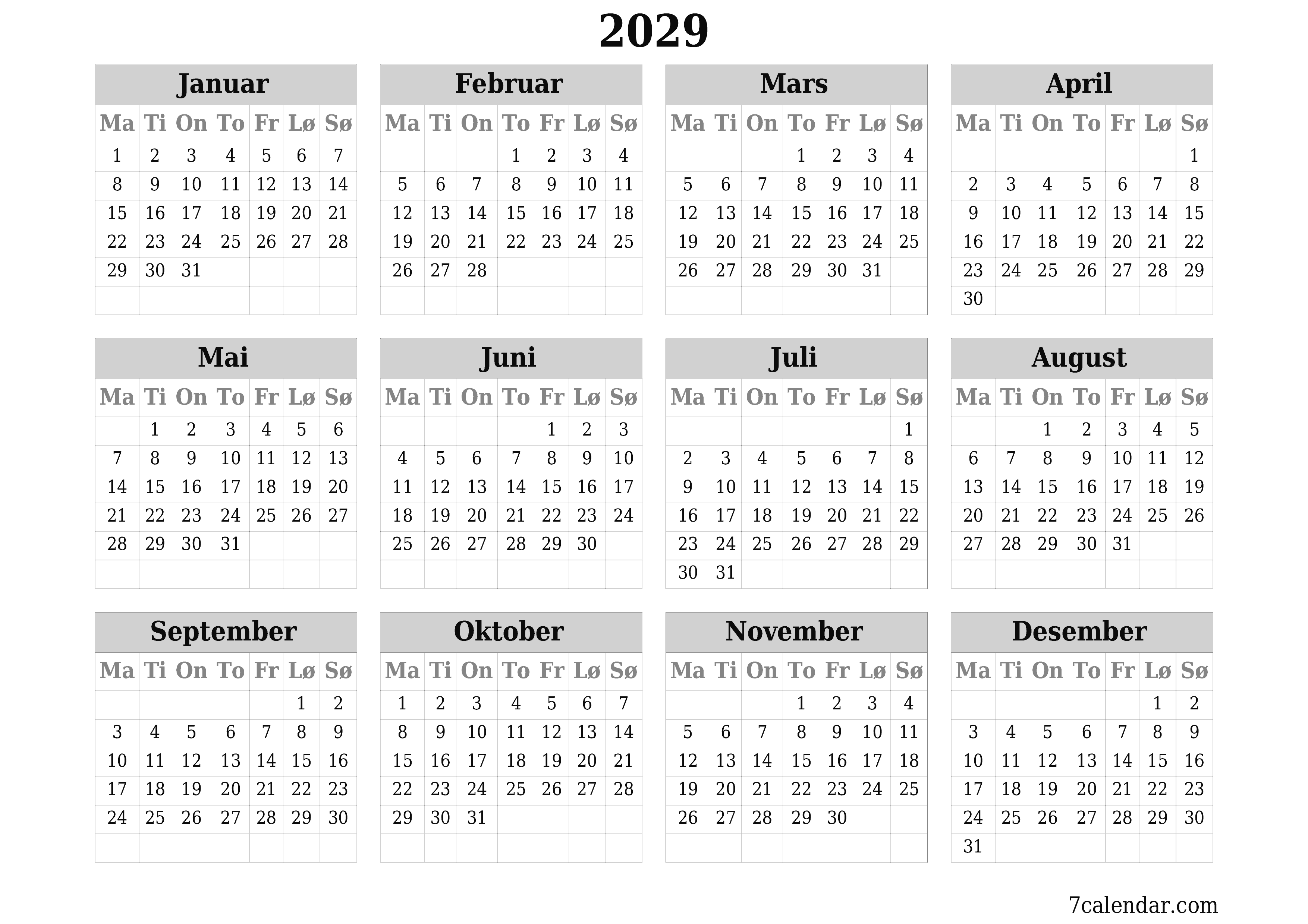 Tom årlig planleggerkalender for året 2029 med notater, lagre og skrive ut i PDF PNG Norwegian