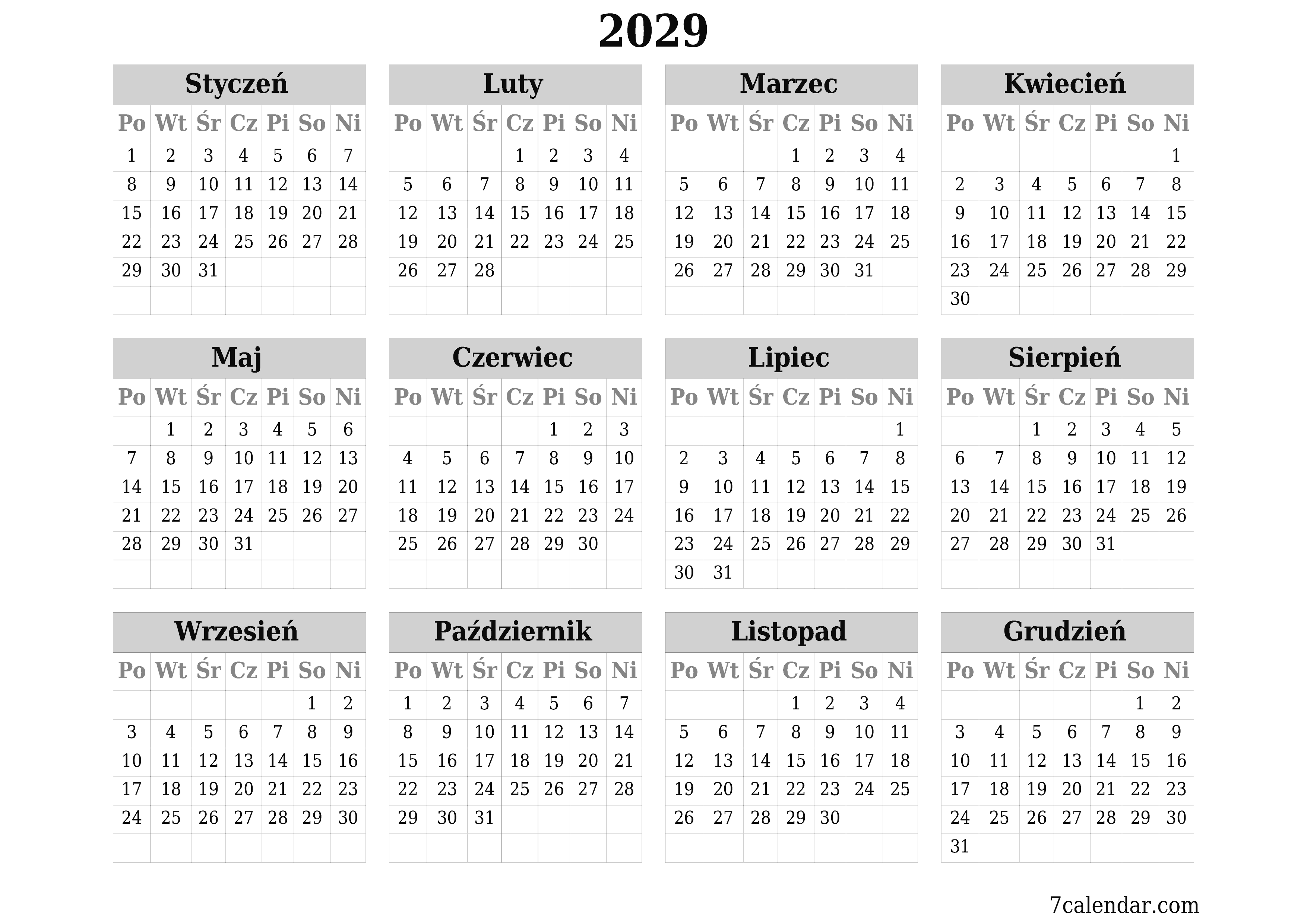  do druku ścienny szablon a darmowy poziomy Roczny kalendarz Kwiecień (Kwi) 2029