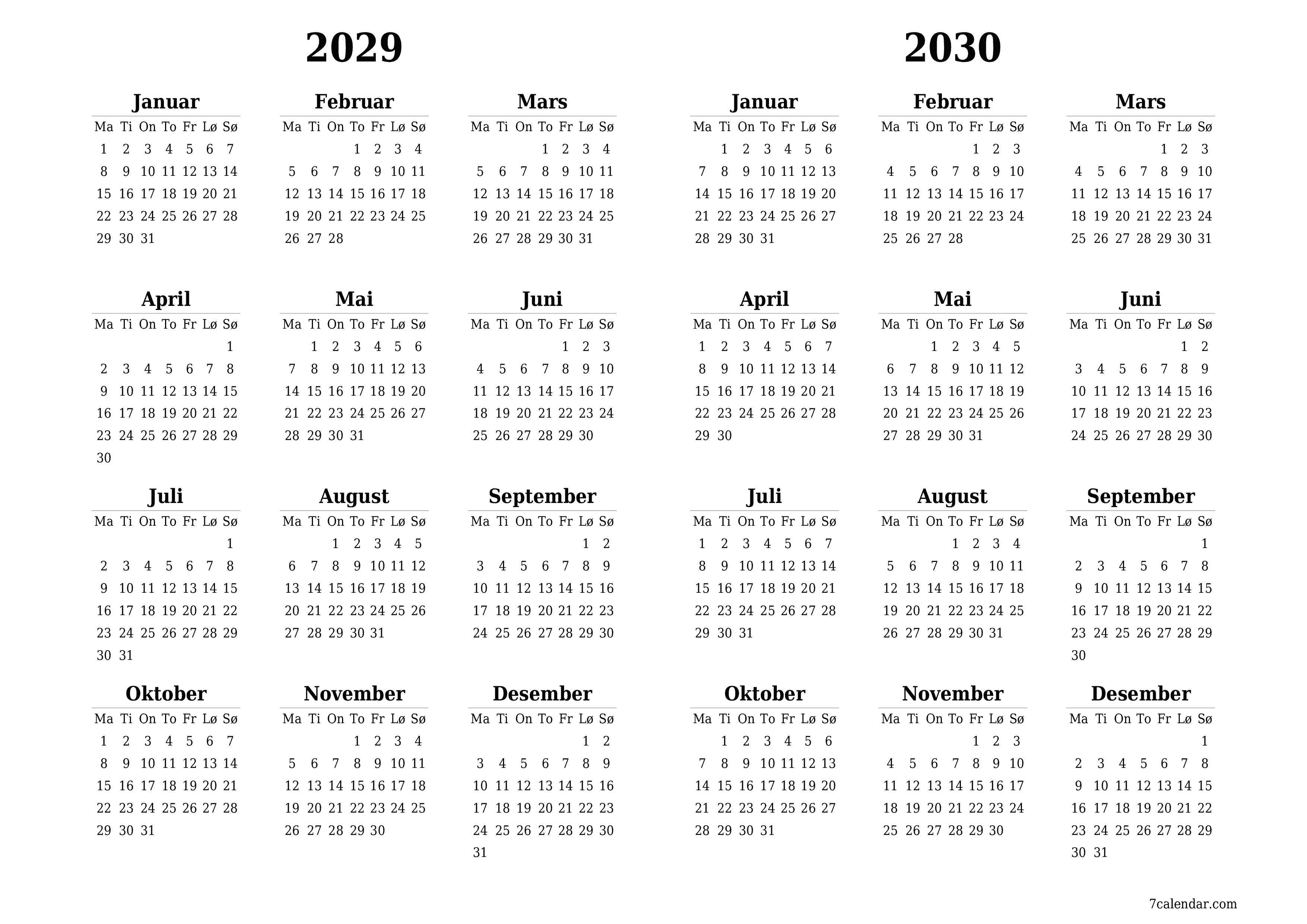 Tom årlig planleggerkalender for året 2029, 2030 med notater, lagre og skrive ut i PDF PNG Norwegian