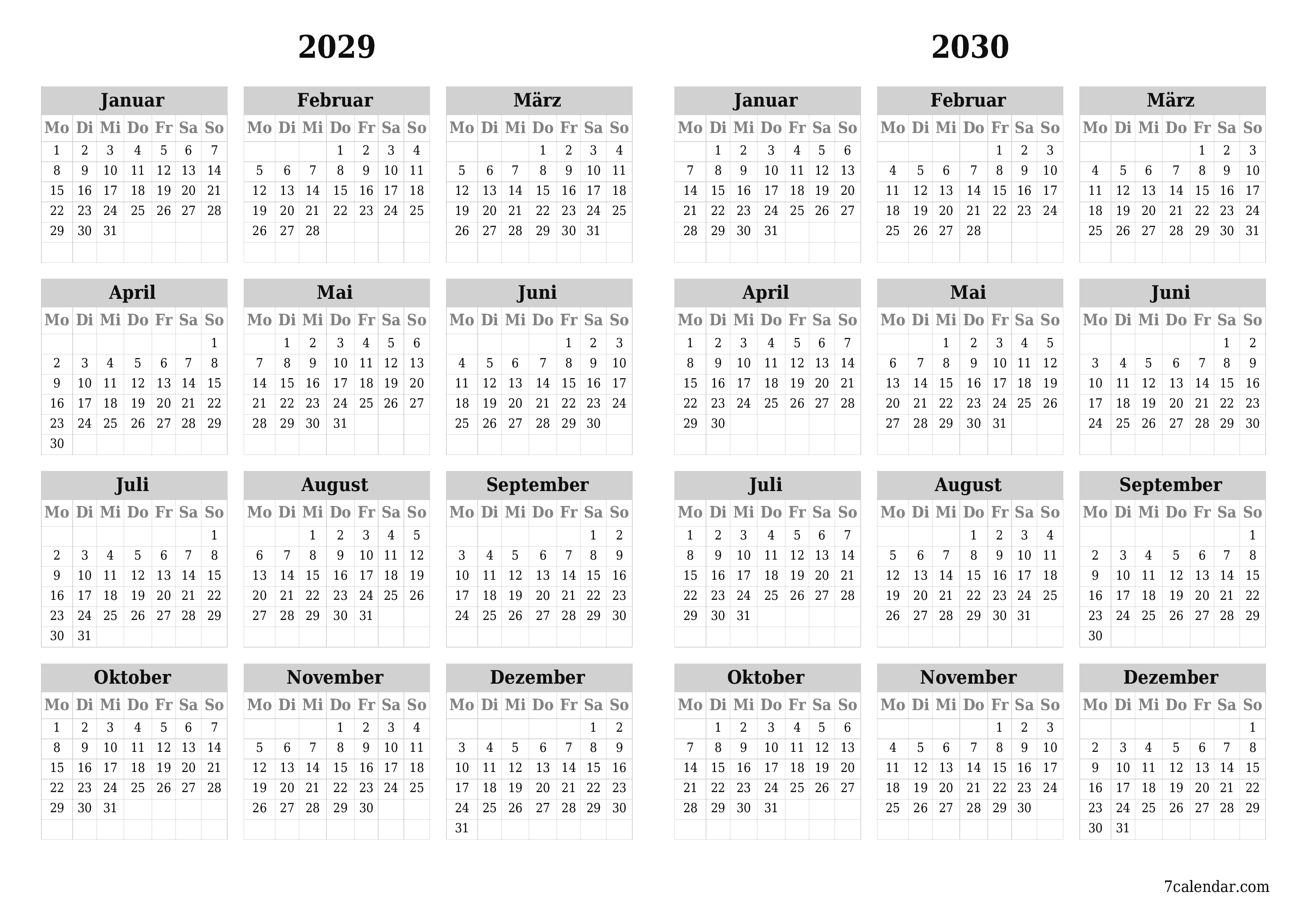 Jahresplanerkalender für das Jahr 2029, 2030 mit Notizen leeren, speichern und als PDF PNG German - 7calendar.com drucken