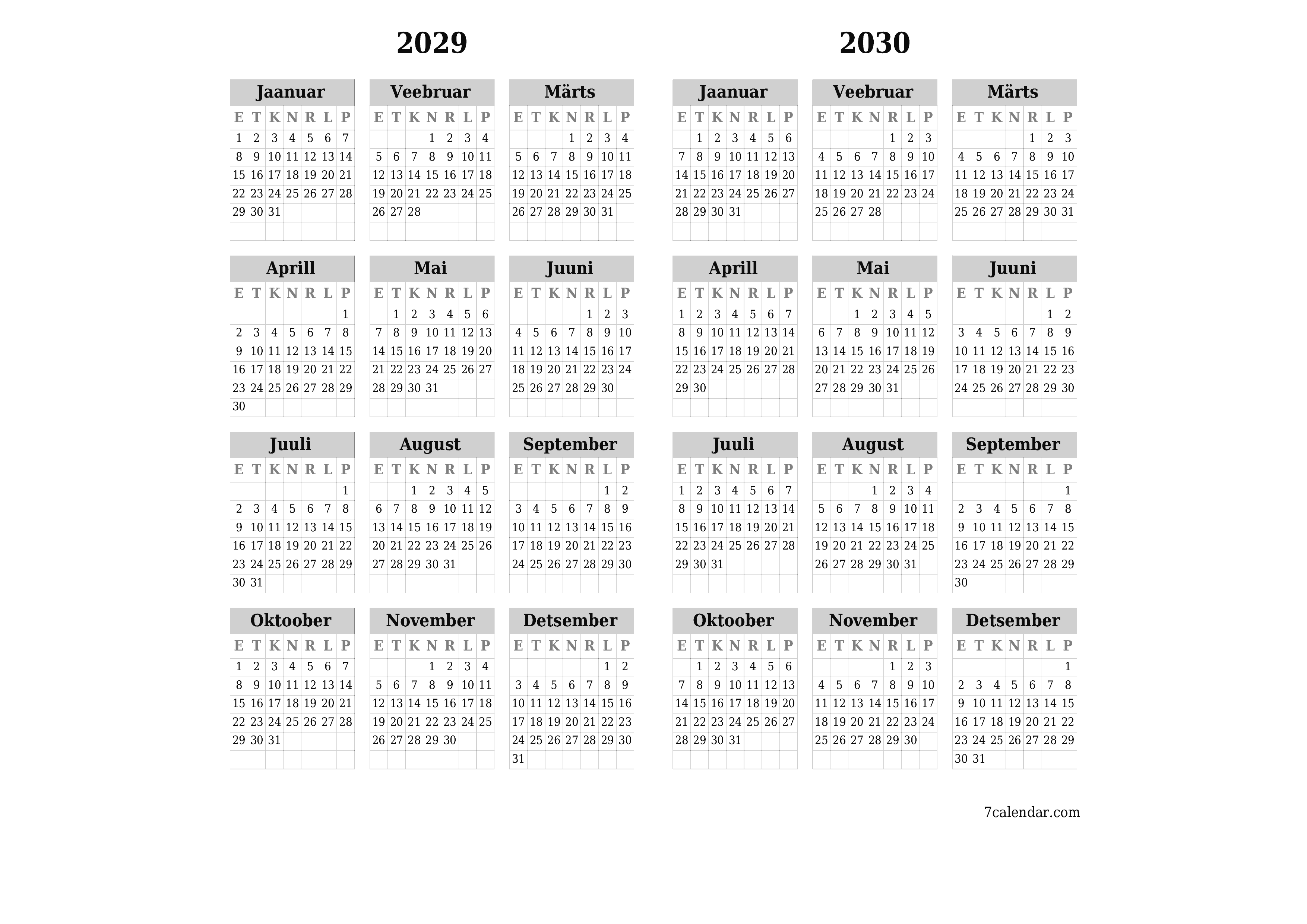 Tühi aasta planeerija kalender aastaks 2029, 2030 koos märkmetega, salvestage ja printige PDF-i PNG Estonian