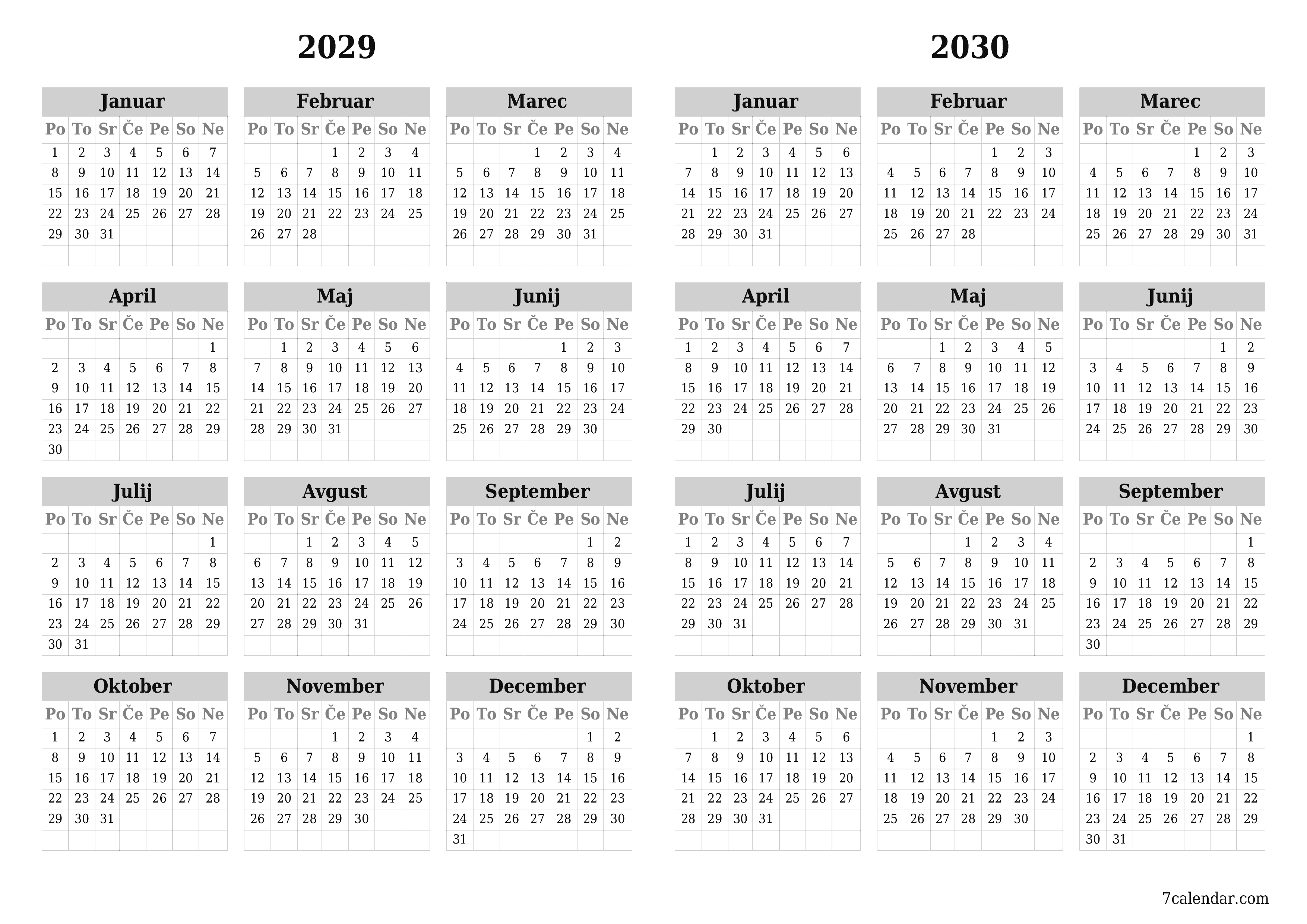 Prazen letni načrtovalec koledarja za leto 2029, 2030 z opombami za tiskanje v PDF-ju PNG Slovenian