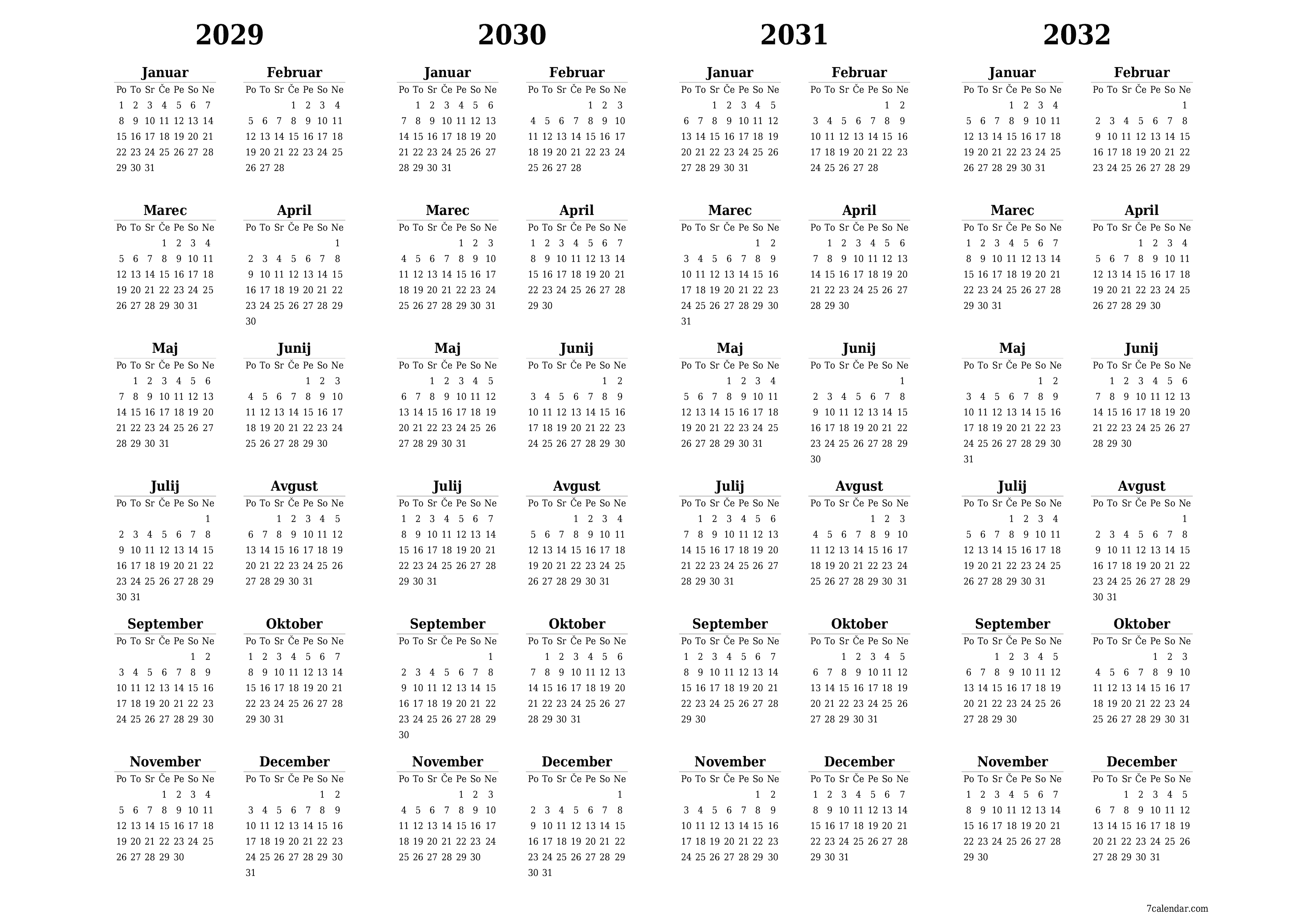 Prazen letni načrtovalec koledarja za leto 2029, 2030, 2031, 2032 z opombami za tiskanje v PDF-ju PNG Slovenian