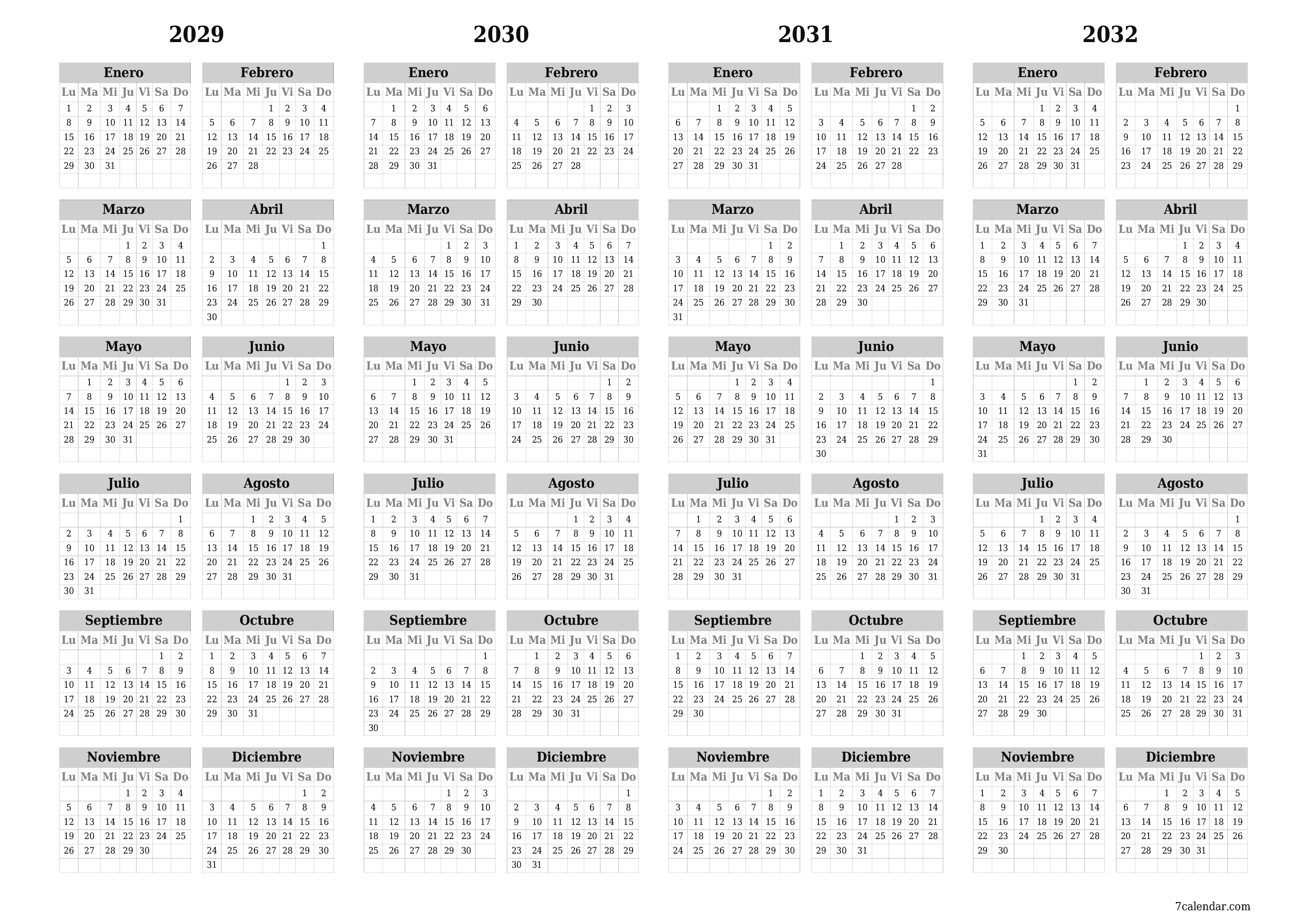 Calendario planificador anual vacío para el año 2029, 2030, 2031, 2032 con notas, guardar e imprimir en PDF PNG Spanish