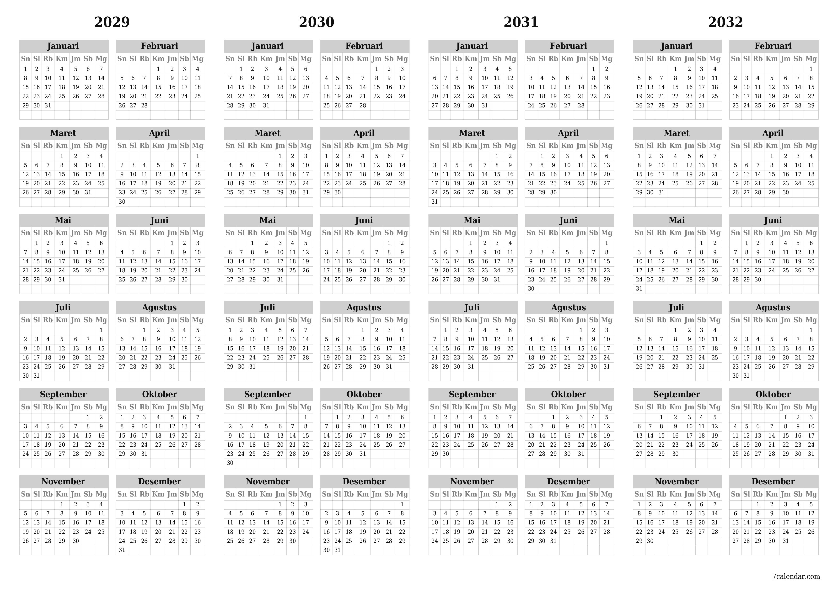 Kosongkan kalender perencana tahunan untuk tahun ini 2029, 2030, 2031, 2032 dengan catatan, simpan dan cetak ke PDF PNG Indonesian