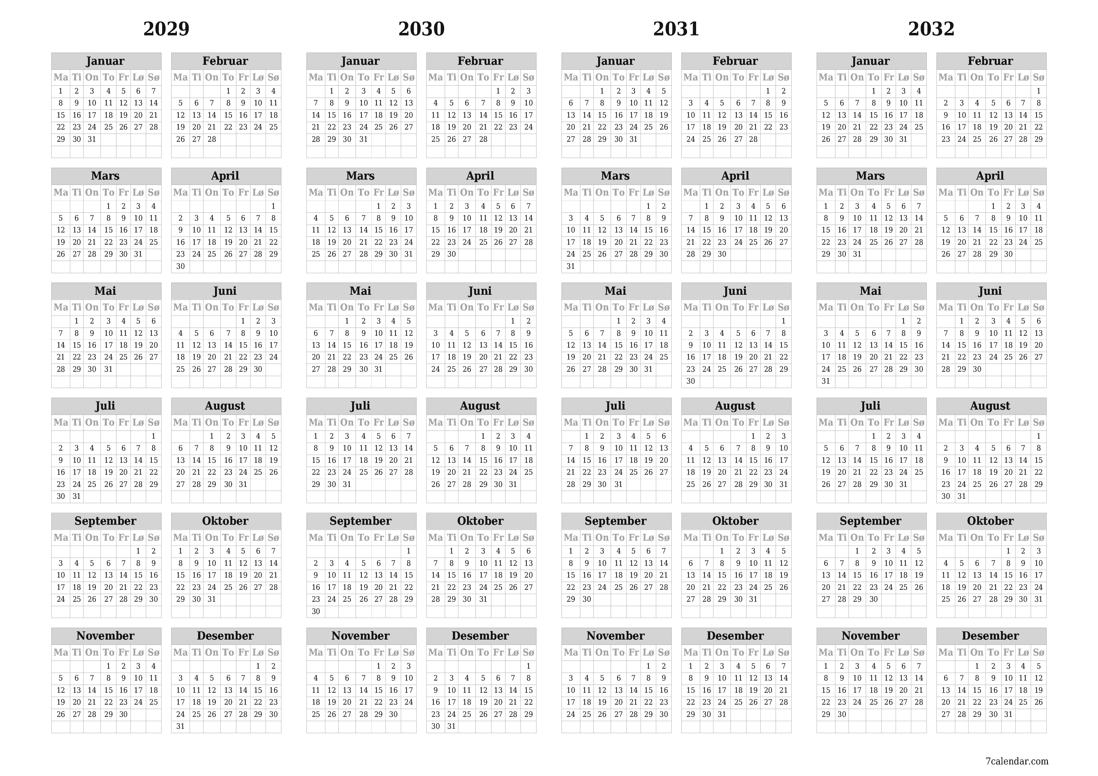 Tom årlig planleggerkalender for året 2029, 2030, 2031, 2032 med notater, lagre og skrive ut i PDF PNG Norwegian