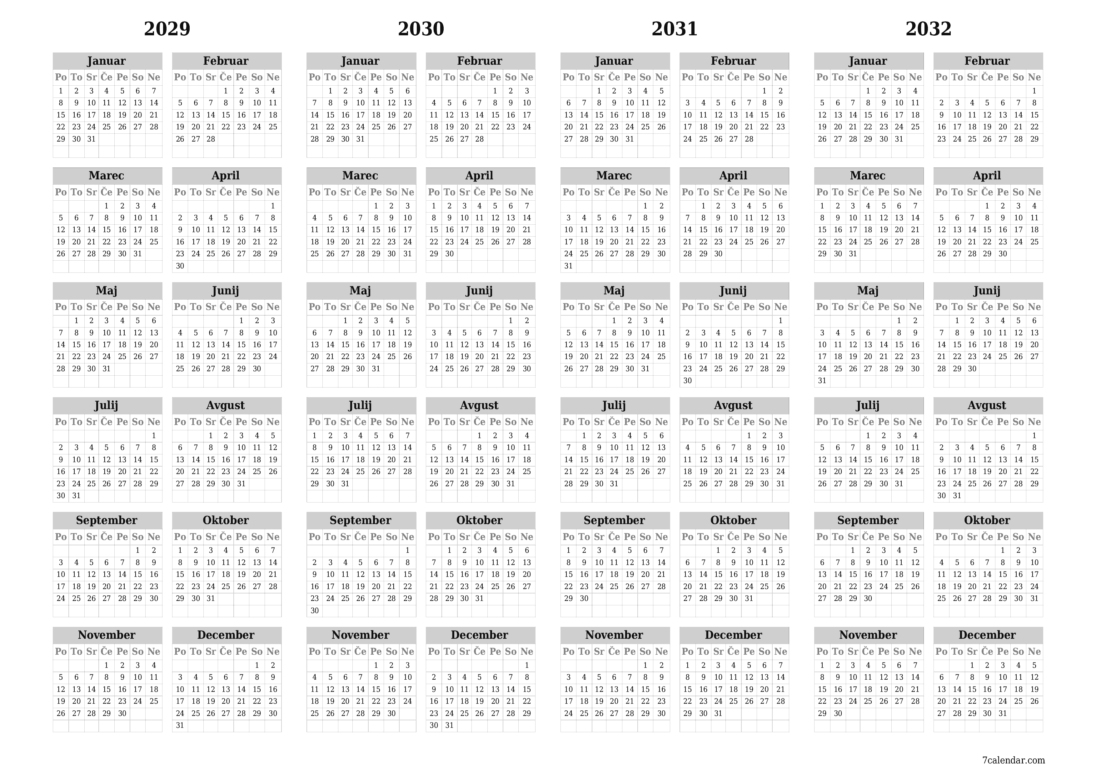 Prazen letni načrtovalec koledarja za leto 2029, 2030, 2031, 2032 z opombami za tiskanje v PDF-ju PNG Slovenian