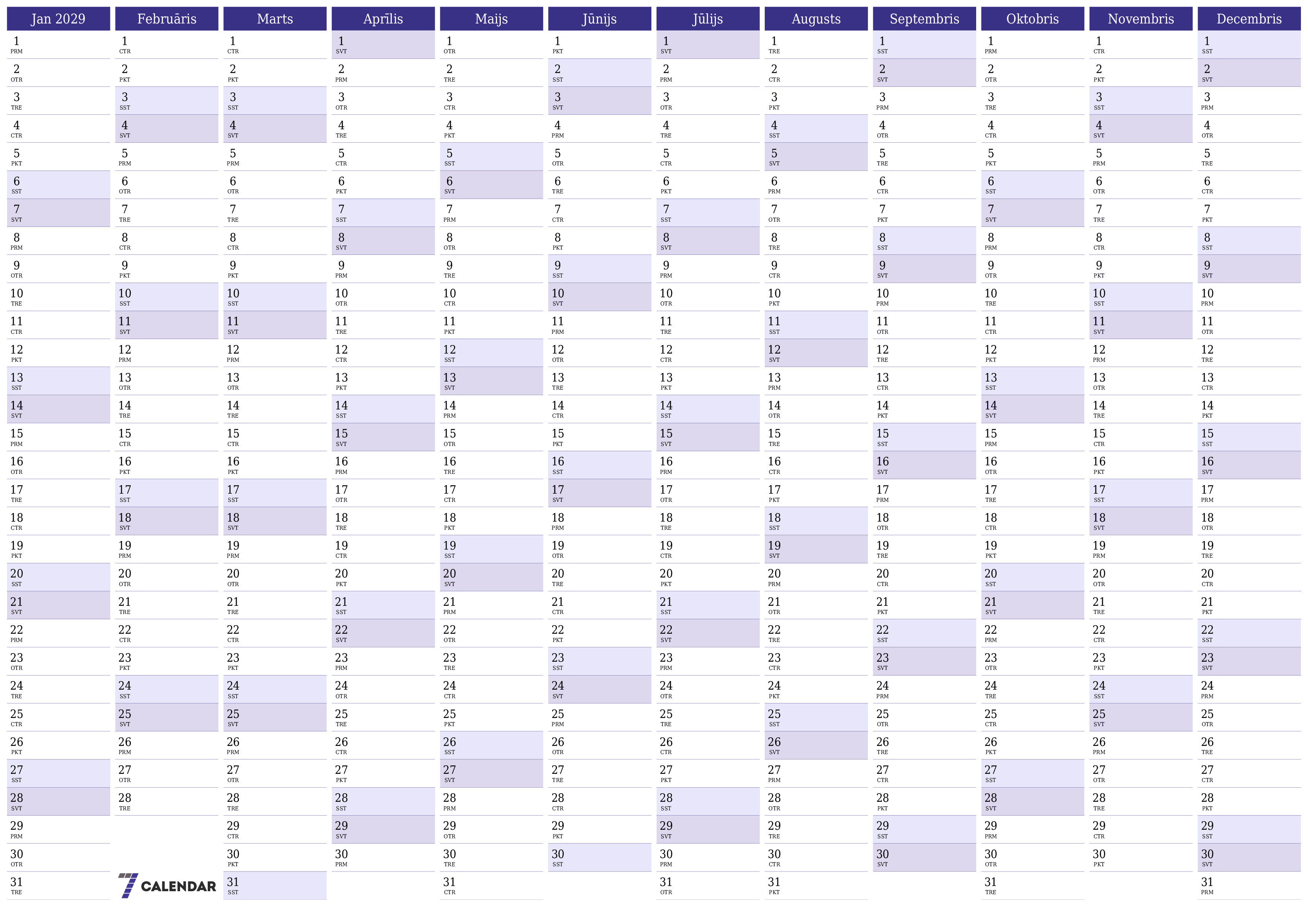 Tukšs gada plānotāja kalendārs gadam 2029 ar piezīmēm, saglabāšana un izdrukāšana PDF formātā PNG Latvian