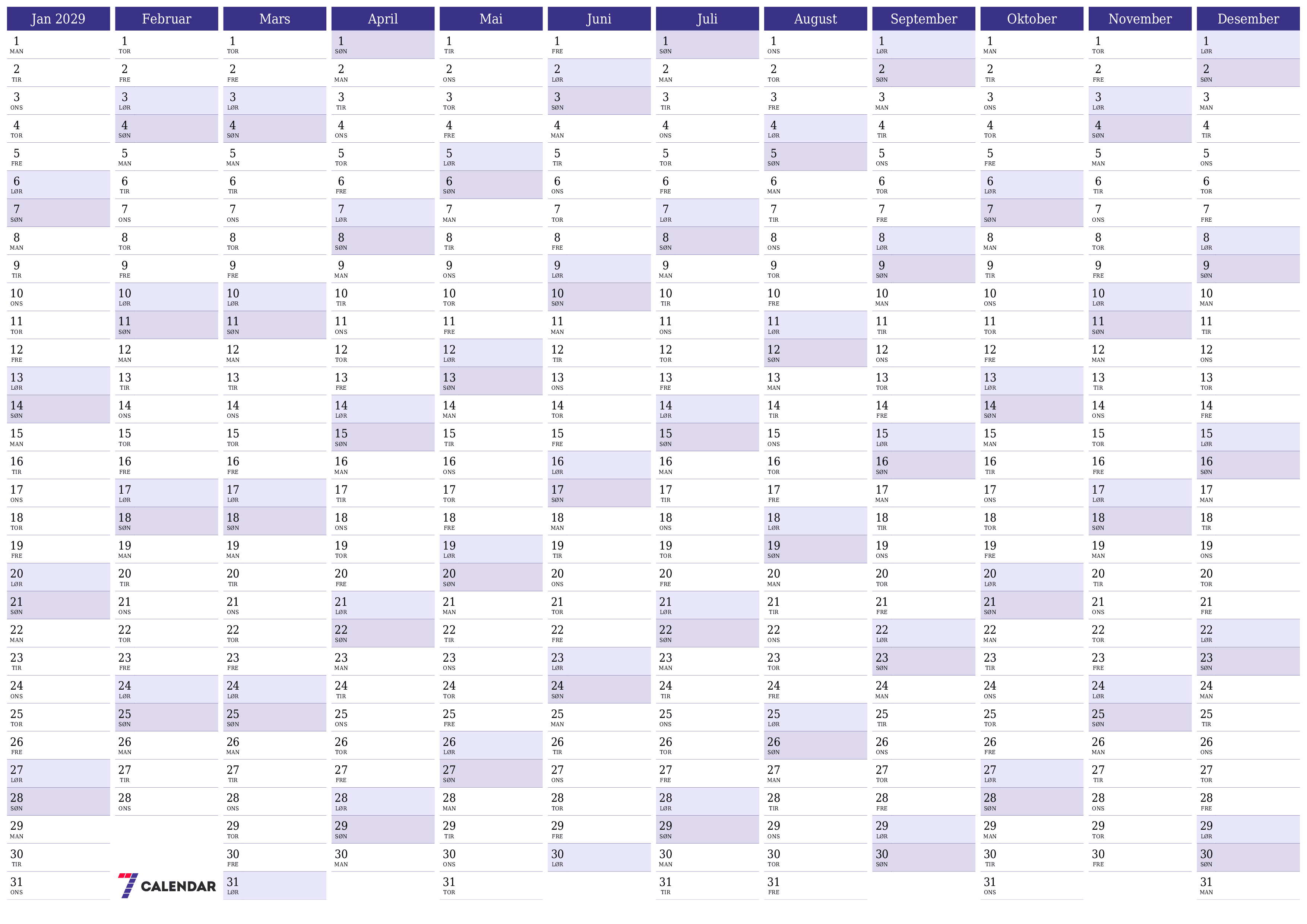 Tom årlig planleggerkalender for året 2029 med notater, lagre og skrive ut i PDF PNG Norwegian