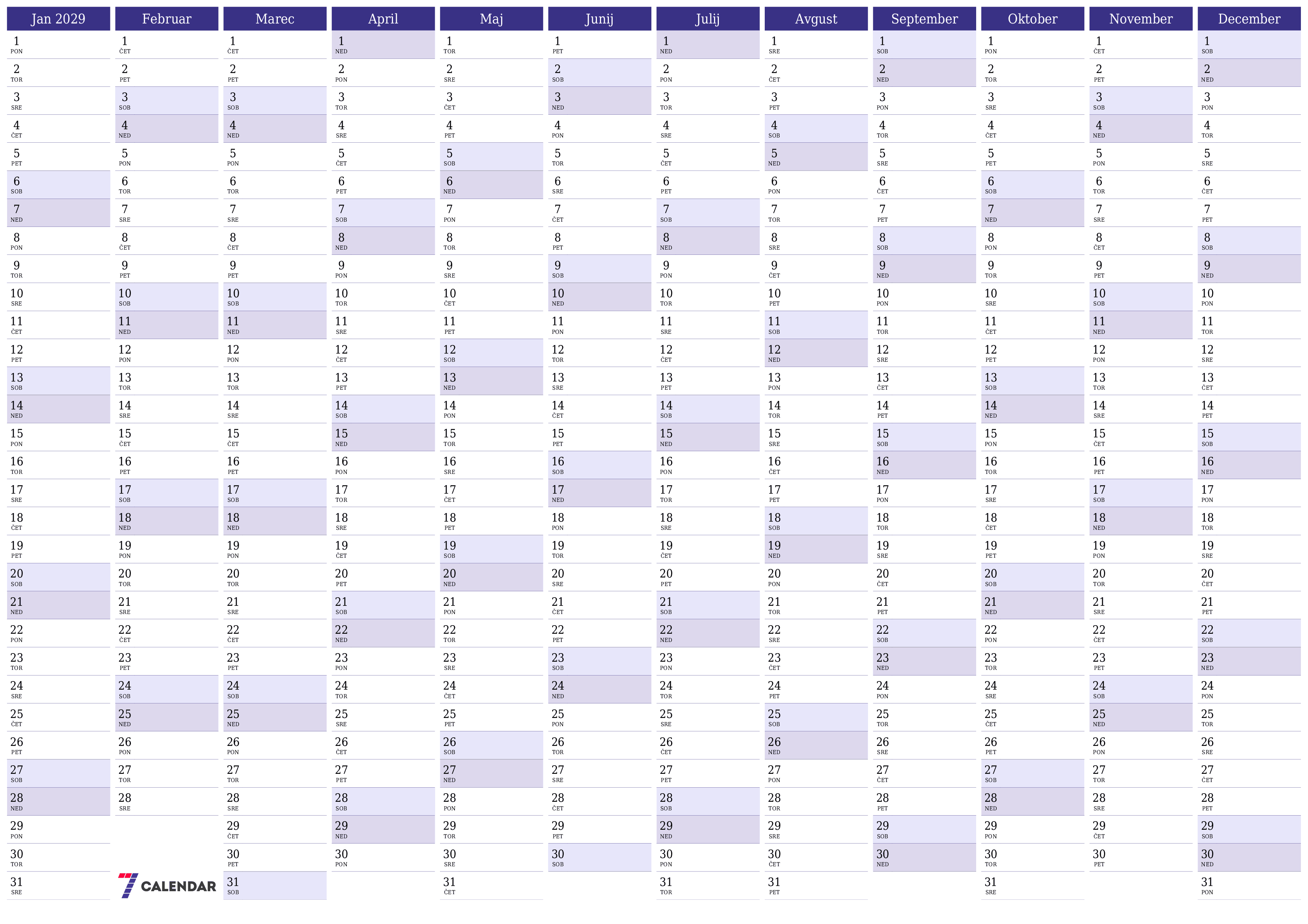 Prazen letni načrtovalec koledarja za leto 2029 z opombami za tiskanje v PDF-ju PNG Slovenian