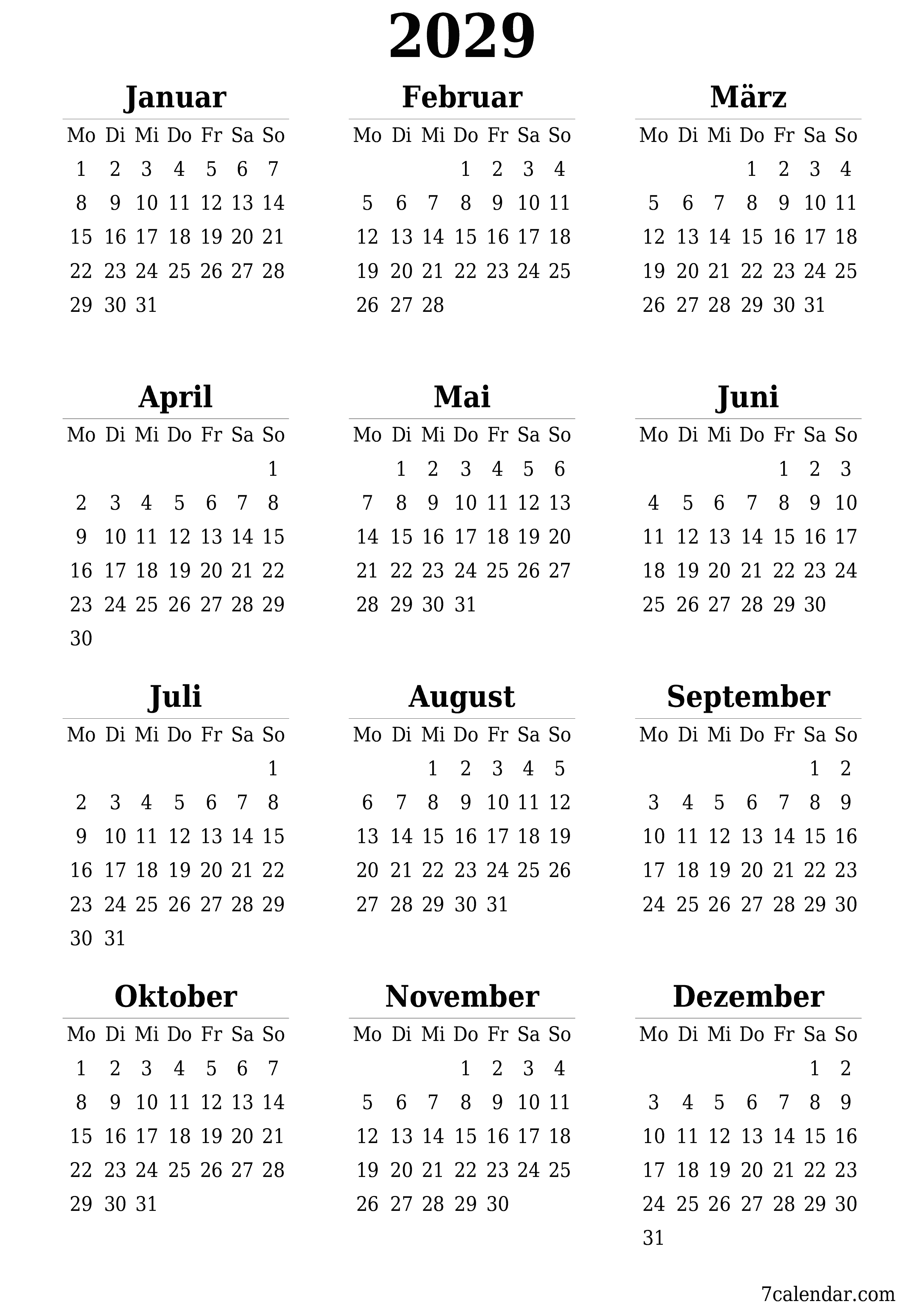 Jahresplanerkalender für das Jahr 2029 mit Notizen leeren, speichern und als PDF PNG German - 7calendar.com drucken