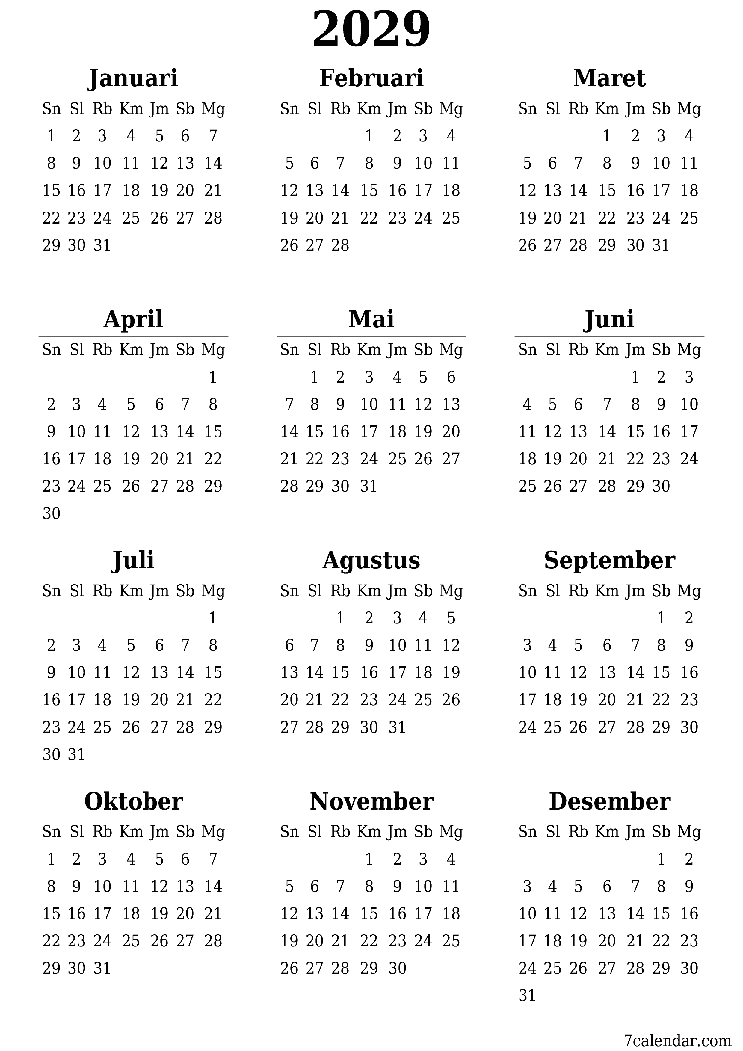 Kosongkan kalender perencana tahunan untuk tahun ini 2029 dengan catatan, simpan dan cetak ke PDF PNG Indonesian