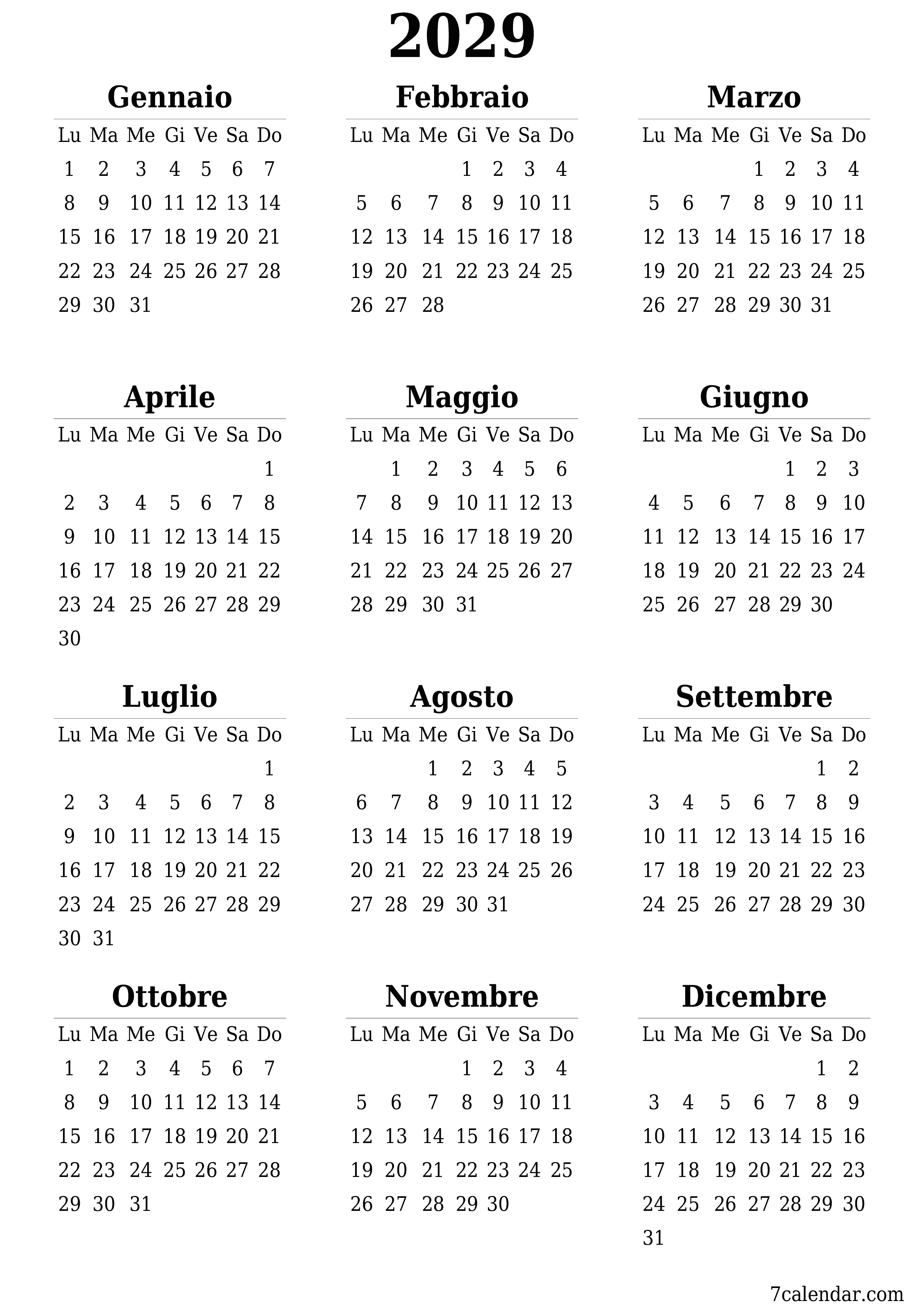 Calendario pianificatore annuale vuoto per l'anno 2029 con note, salva e stampa in PDF PNG Italian