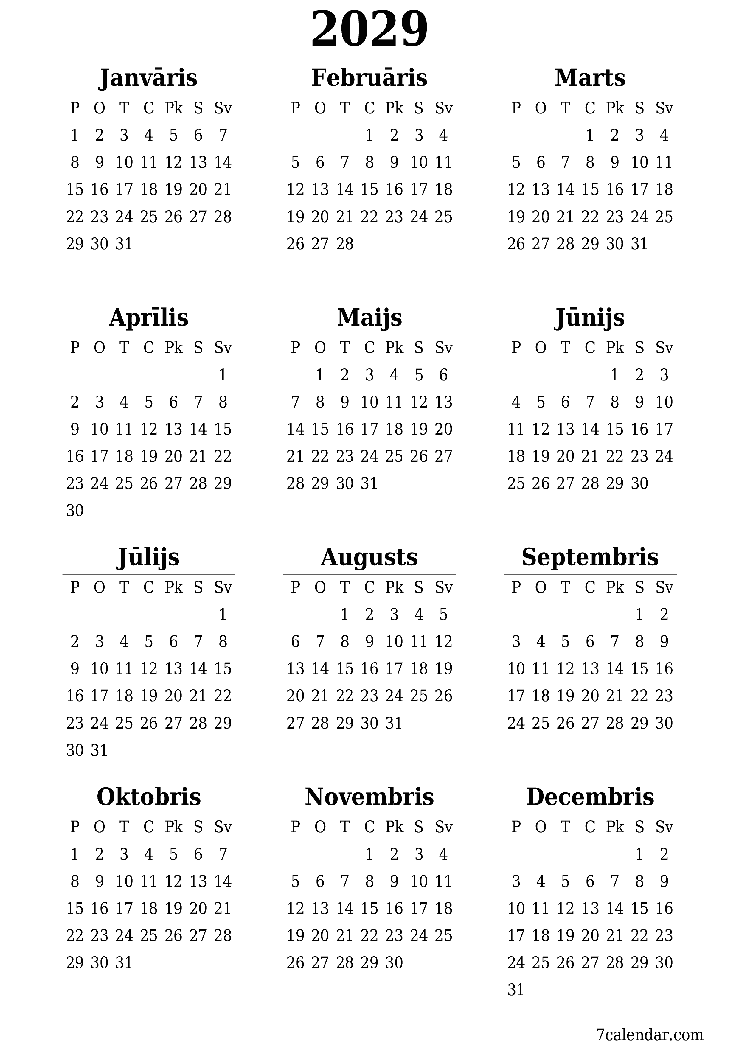 izdrukājams sienas kalendāra veidne bezmaksas vertikāli Gada kalendārs Jūnijs (Jūn) 2029