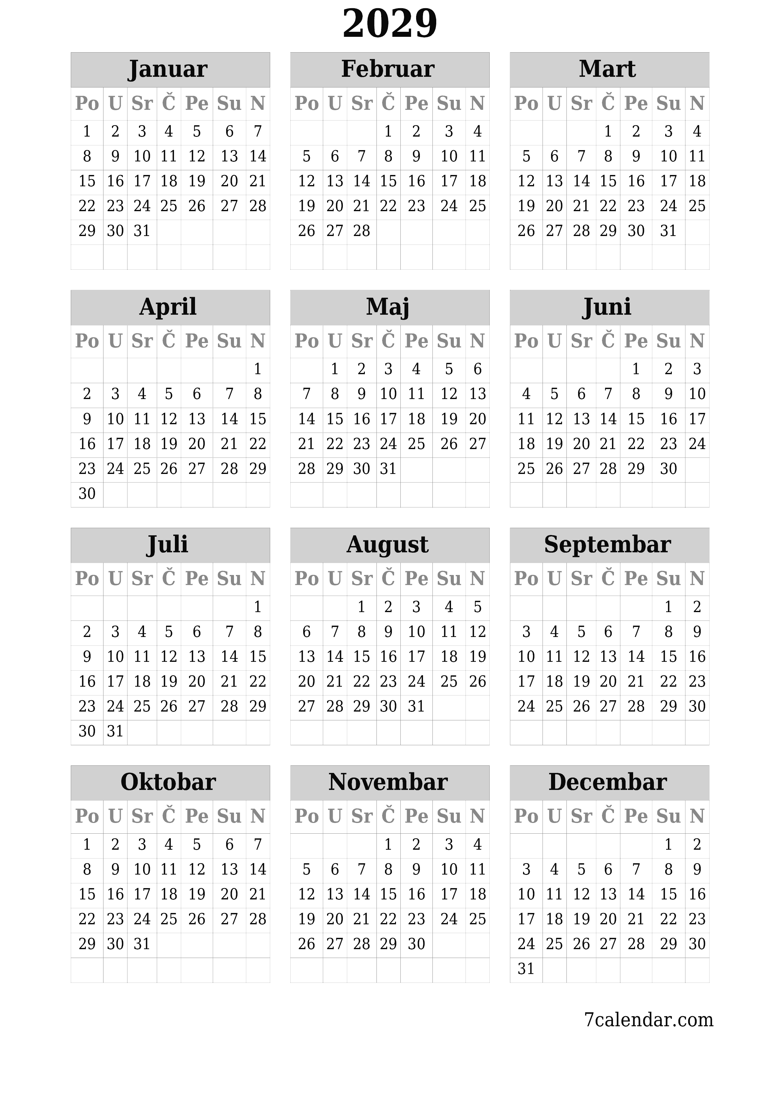 Ispraznite godišnji kalendar planera za godinu 2029 s bilješkama, spremite i ispišite u PDF PNG Bosnian