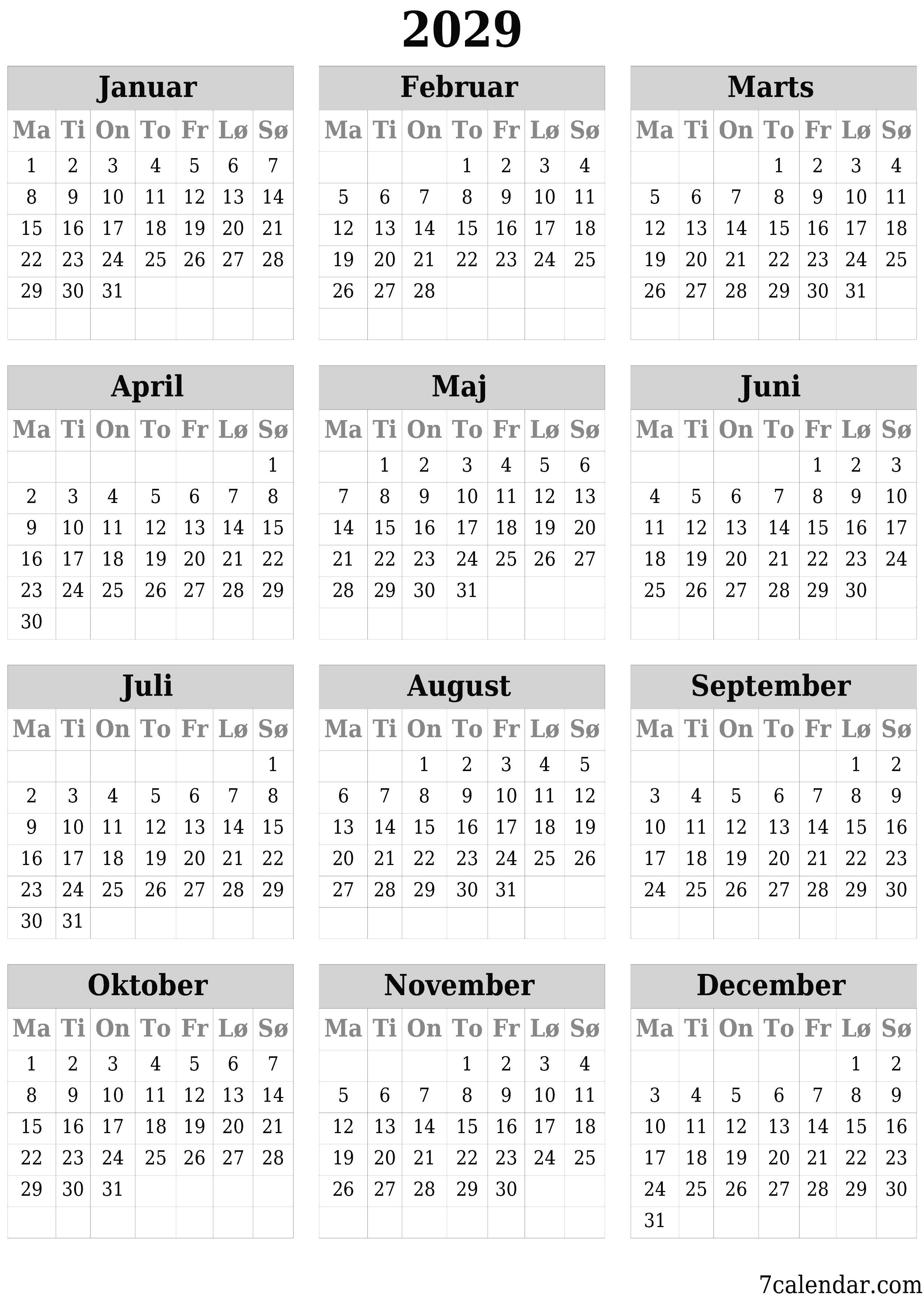 Tom årlig planlægningskalender for året 2029 med noter, gem og udskriv til PDF PNG Danish