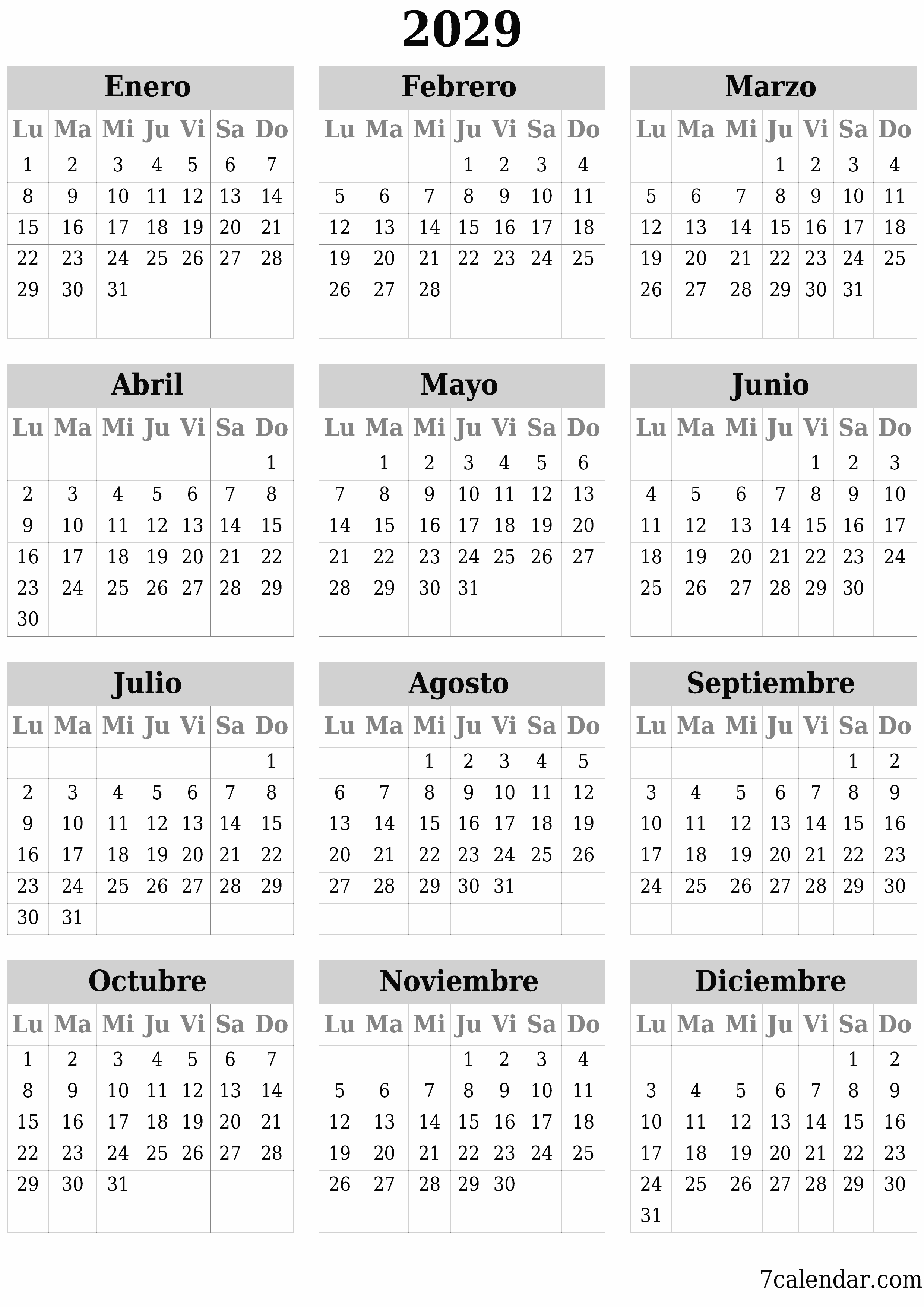 Calendario planificador anual vacío para el año 2029 con notas, guardar e imprimir en PDF PNG Spanish