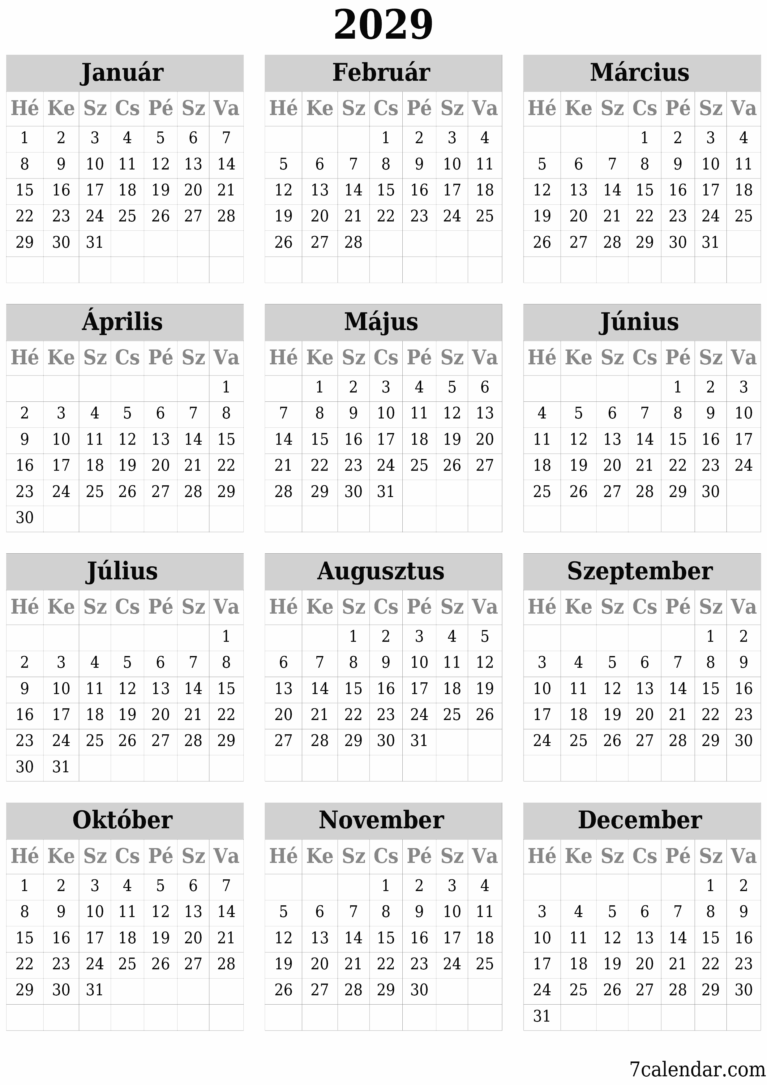 nyomtatható fali sablon ingyenes függőleges Éves naptár Június (Jún) 2029
