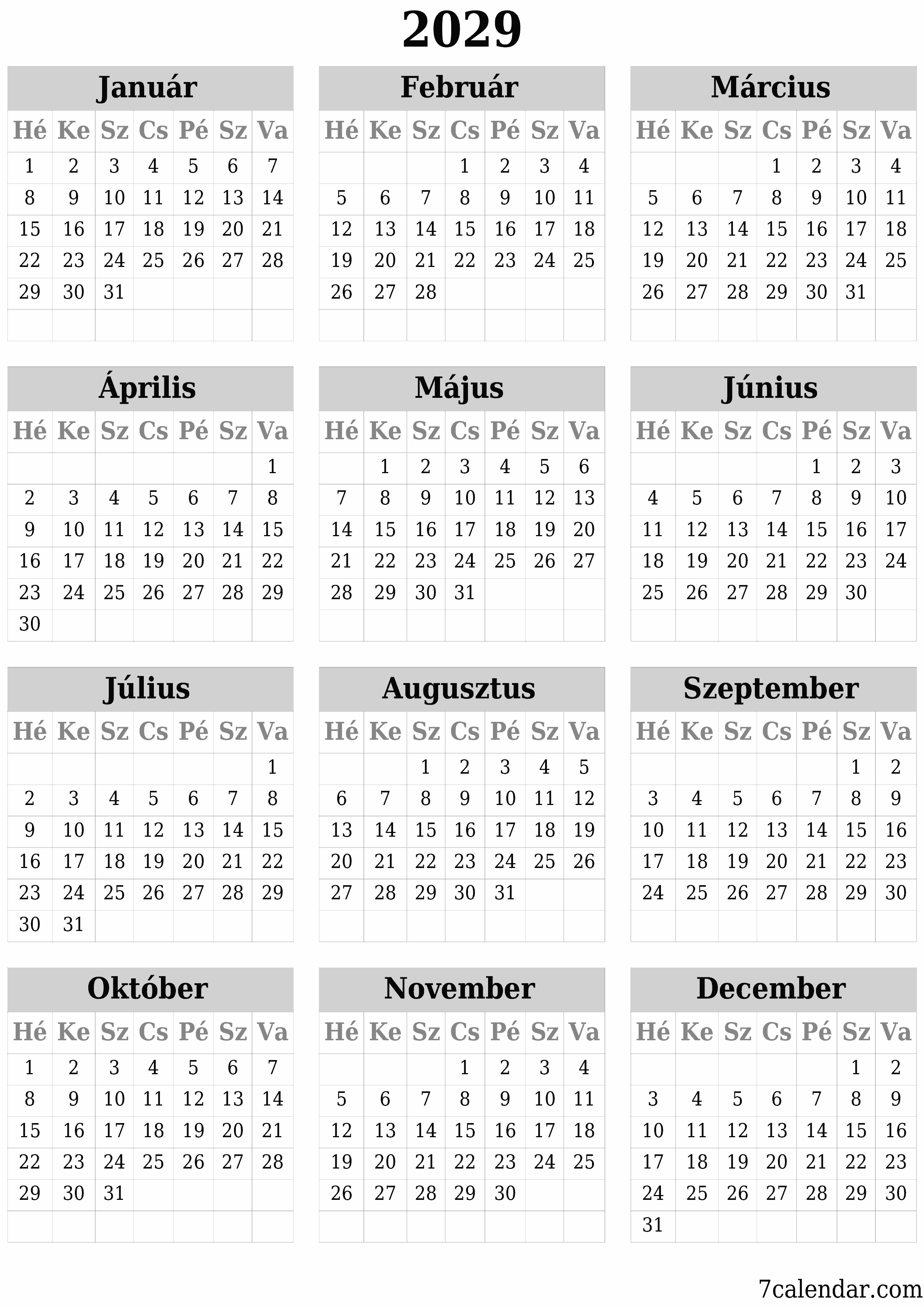 nyomtatható fali sablon ingyenes függőleges Éves naptár Május (Máj) 2029