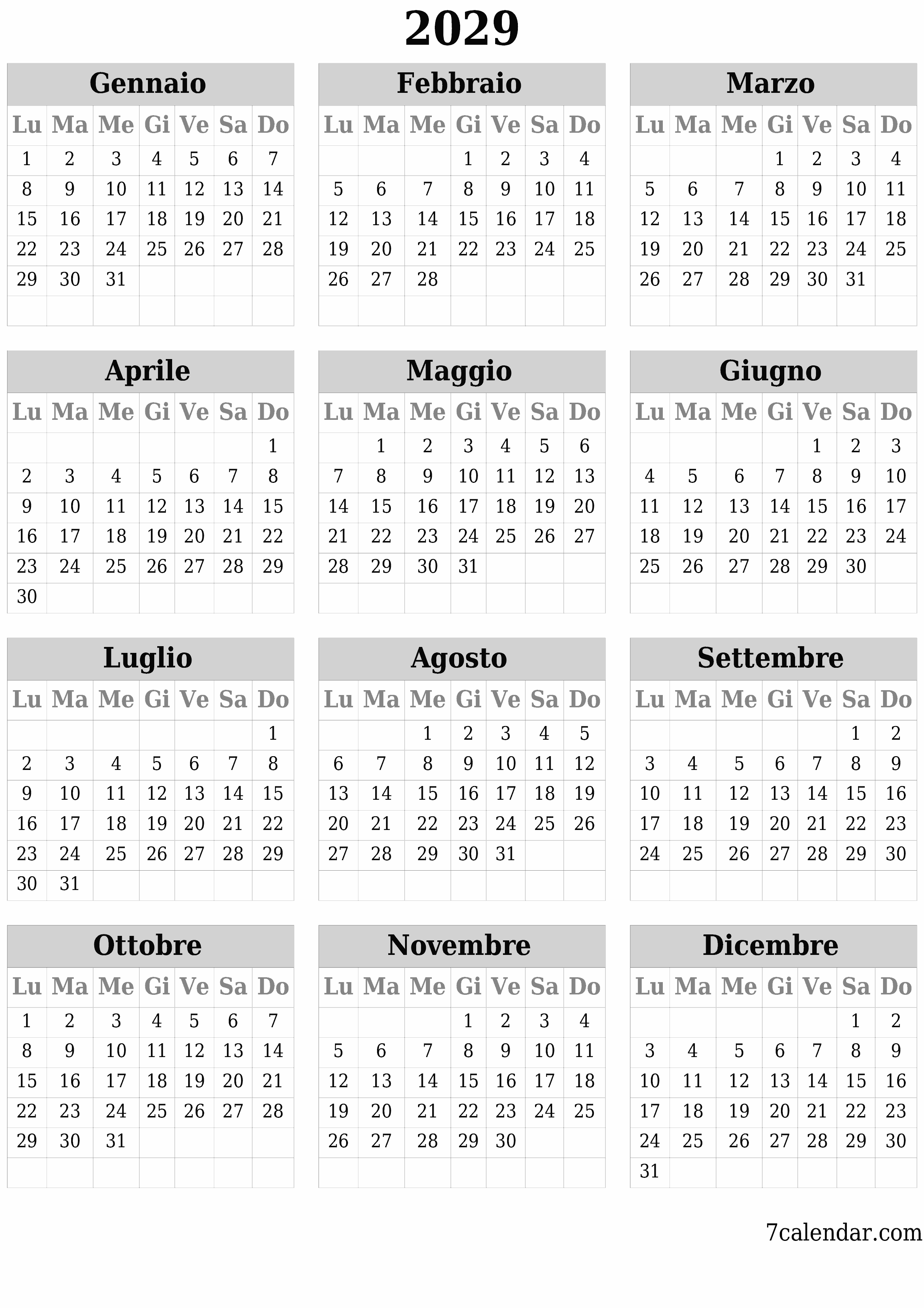  stampabile da parete modello di gratuitoverticale Annuale calendario Giugno (Giu) 2029