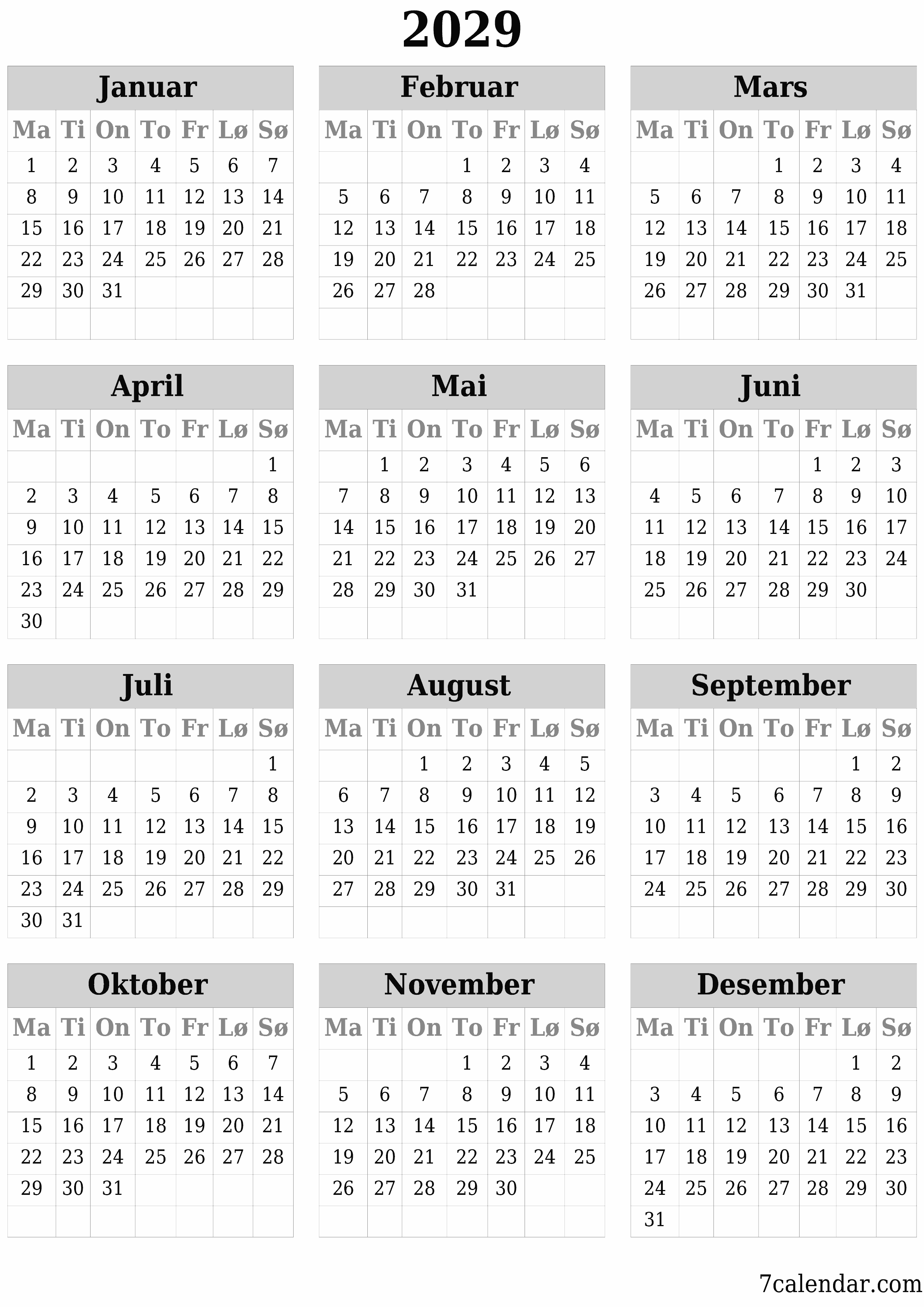 Tom årlig planleggerkalender for året 2029 med notater, lagre og skrive ut i PDF PNG Norwegian