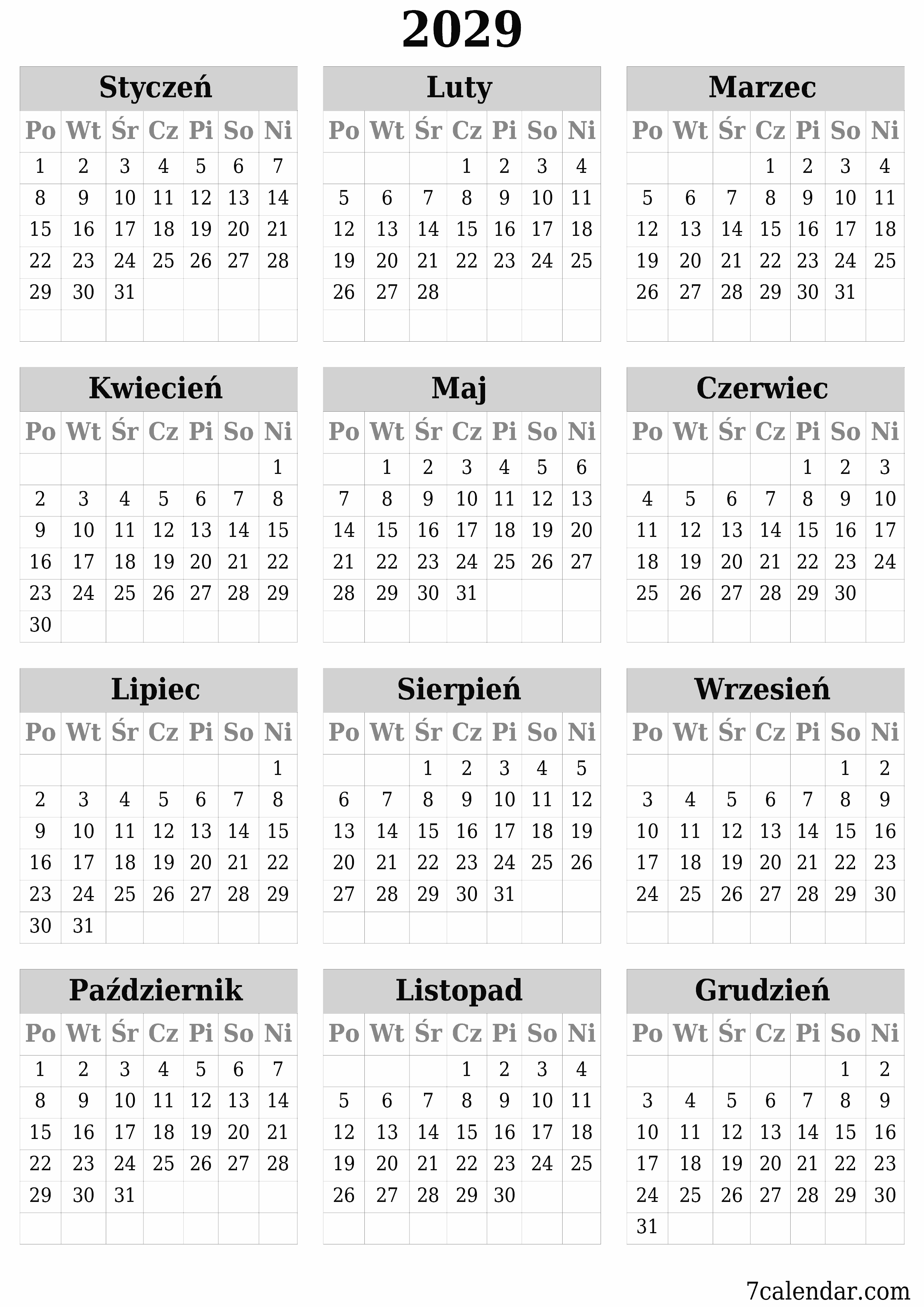  do druku ścienny szablon a darmowy pionowy Roczny kalendarz Czerwiec (Cze) 2029