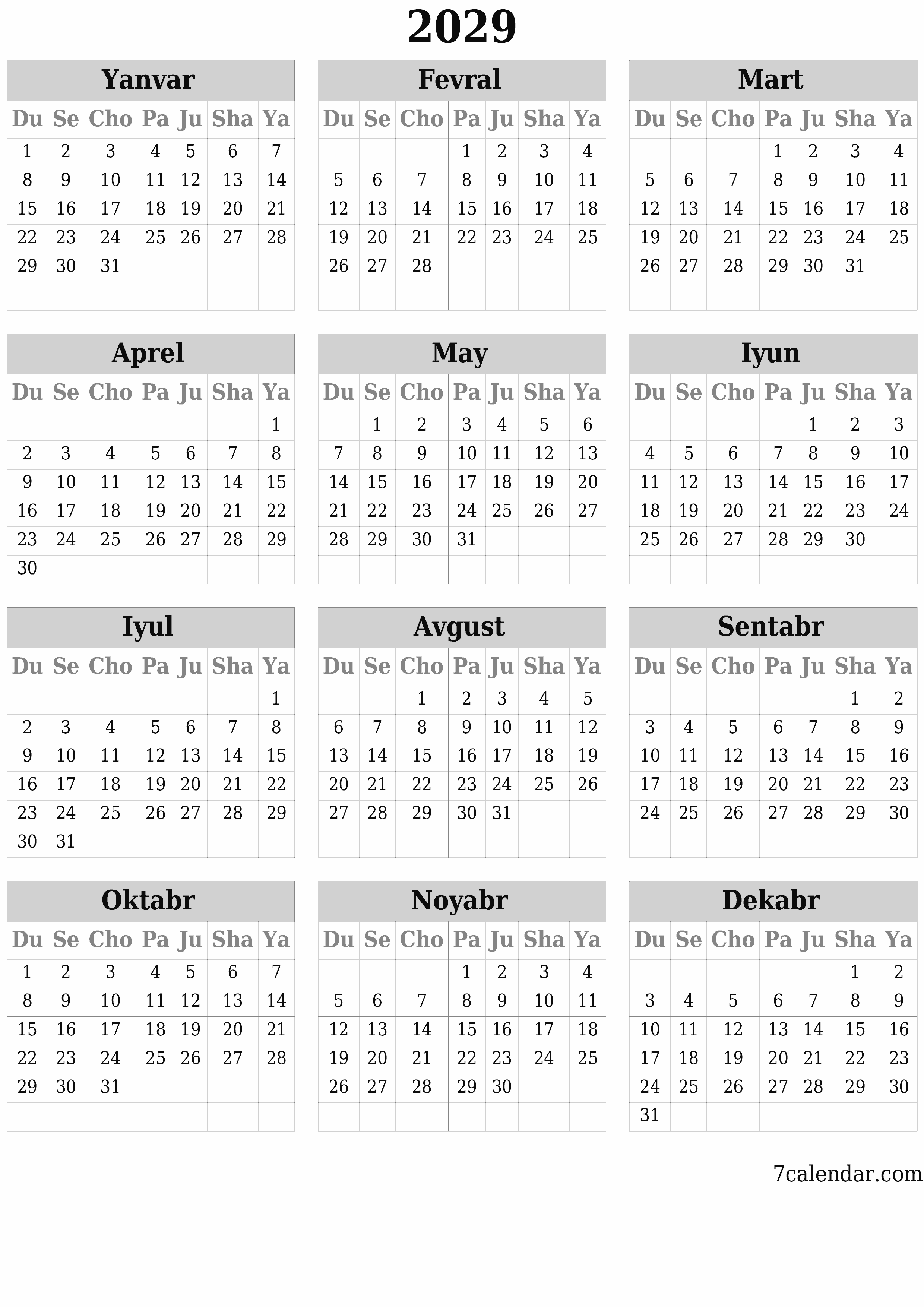 chop etiladigan devor taqvimi shabloni bepul vertikal Yillik kalendar Iyun (Iyun) 2029