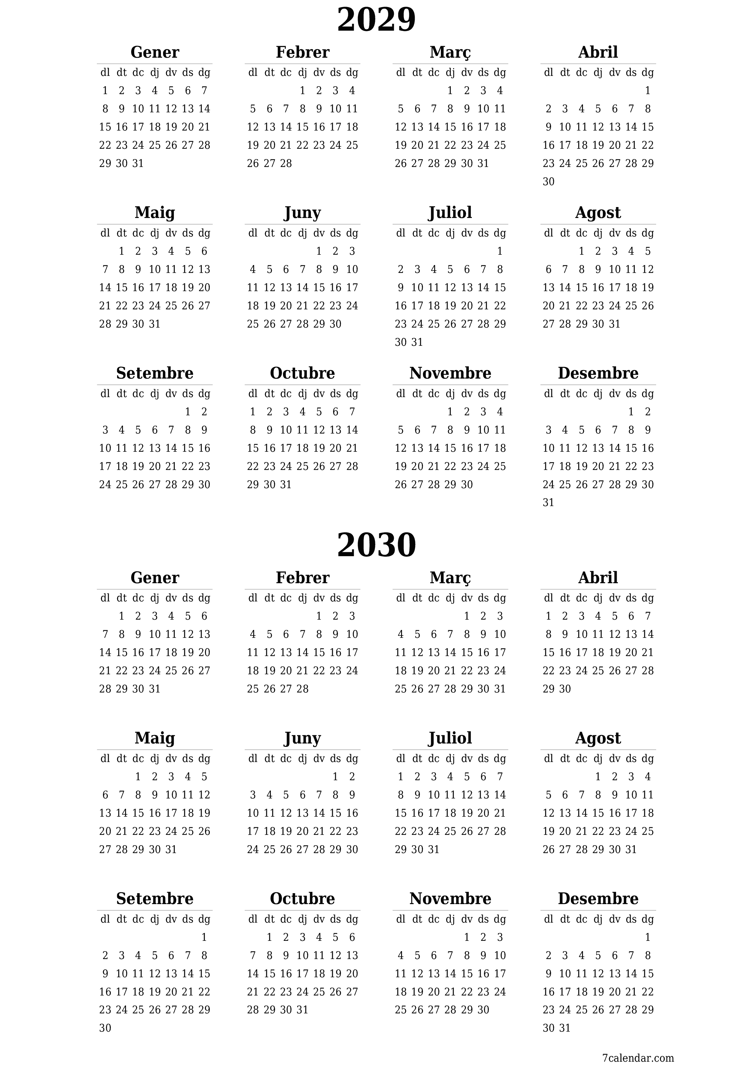  imprimible de paret plantilla de gratuïtvertical Anual calendari Maig (Mai) 2029