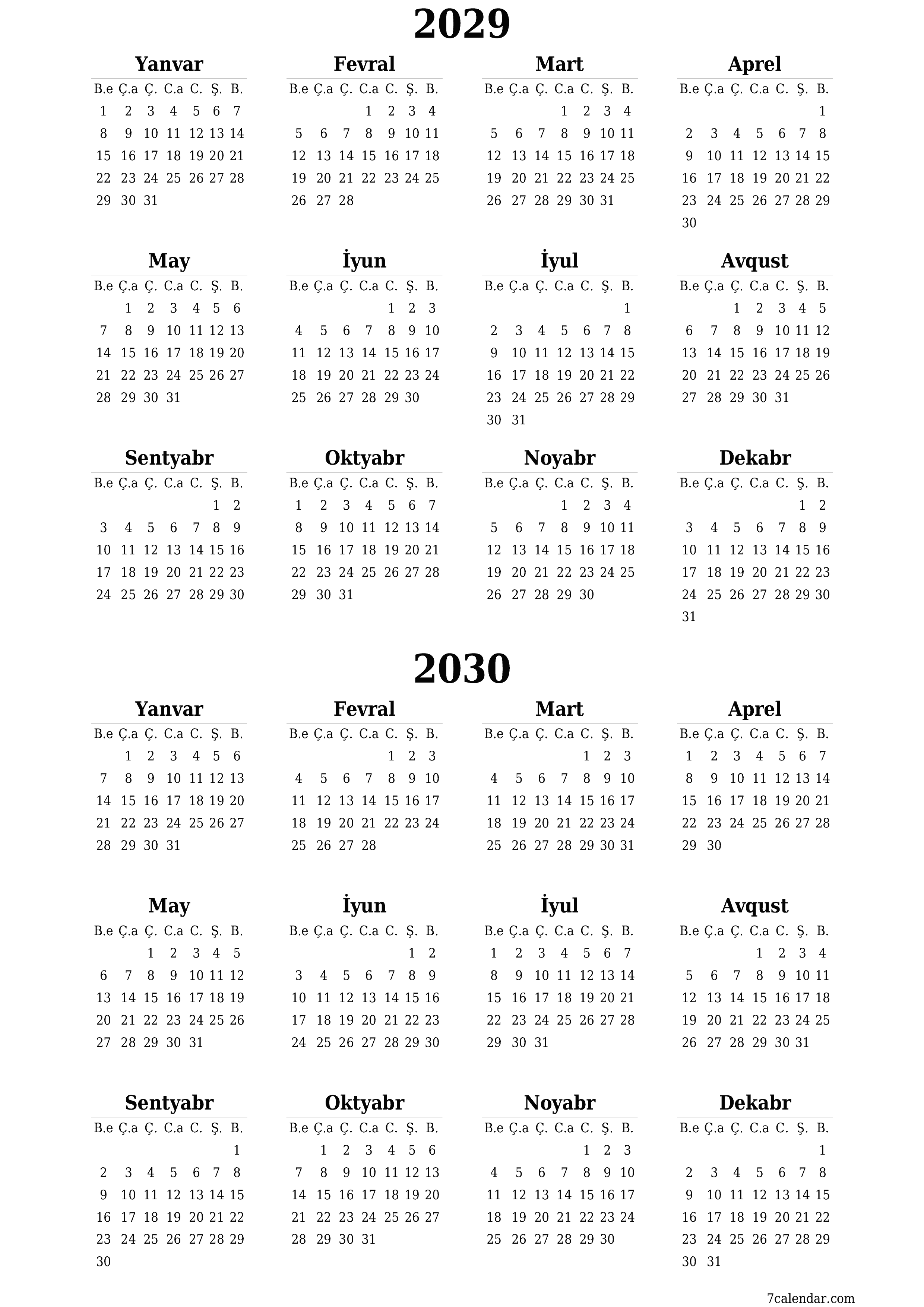 çap edilə bilən divar i şablonu pulsuz şaquli İllik təqvim İyun (İyun) 2029