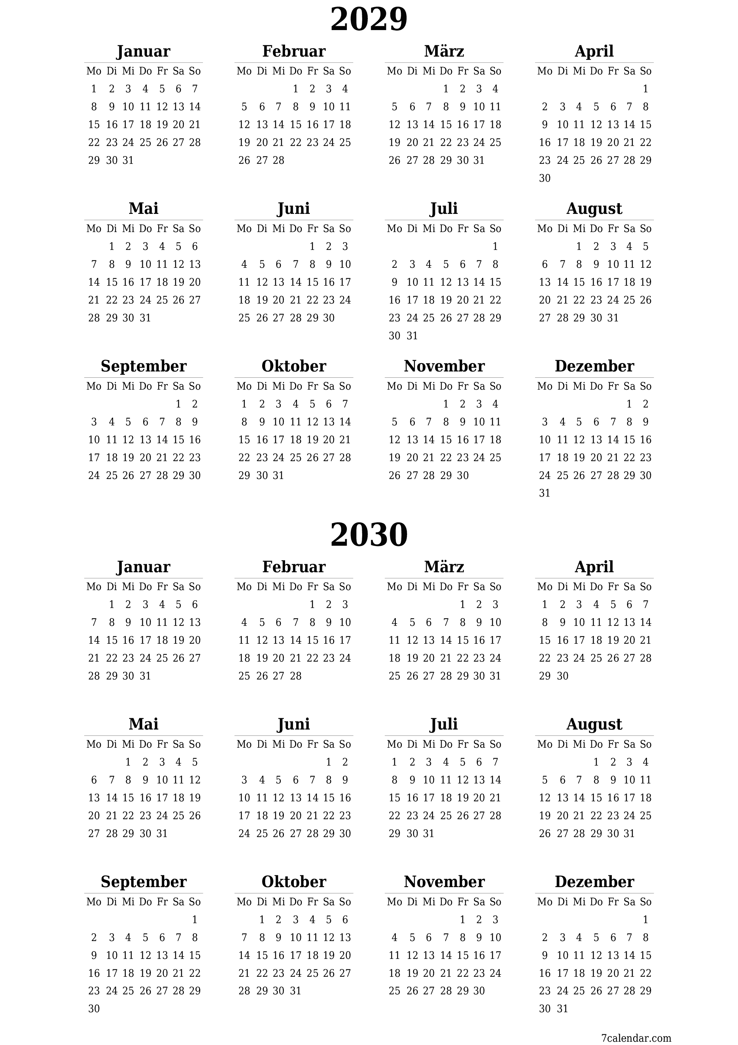  zum Ausdrucken Wandkalender vorlage kostenloser vertikal Jahreskalender Kalender April (Apr) 2029