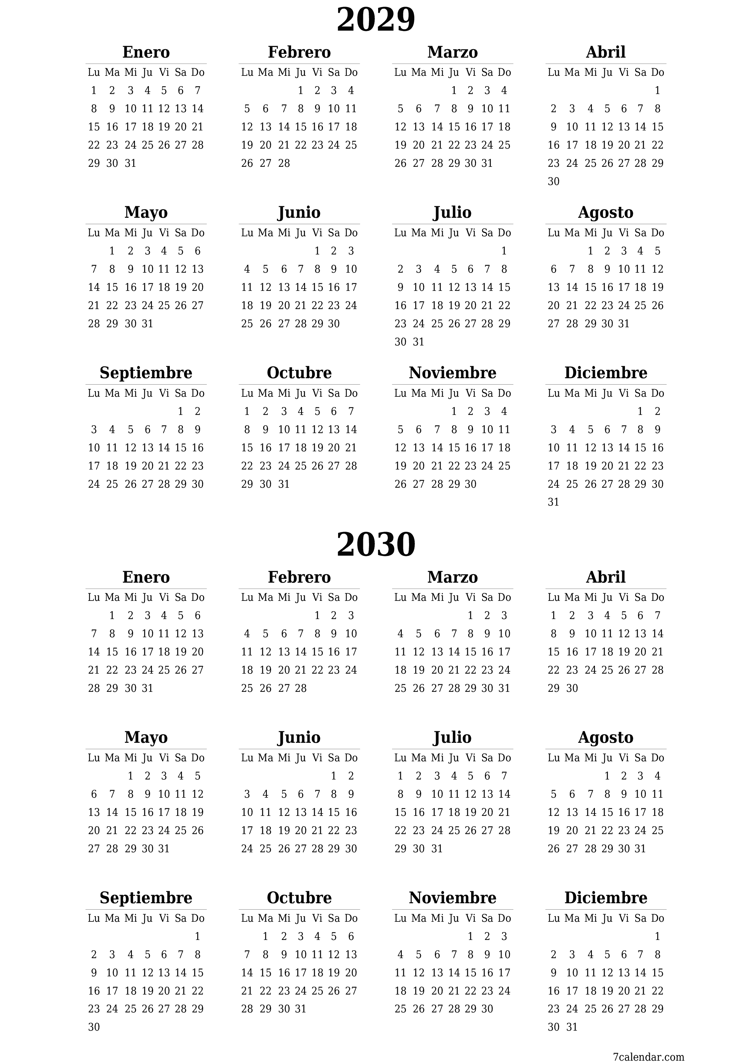 Calendario planificador anual vacío para el año 2029, 2030 con notas, guardar e imprimir en PDF PNG Spanish