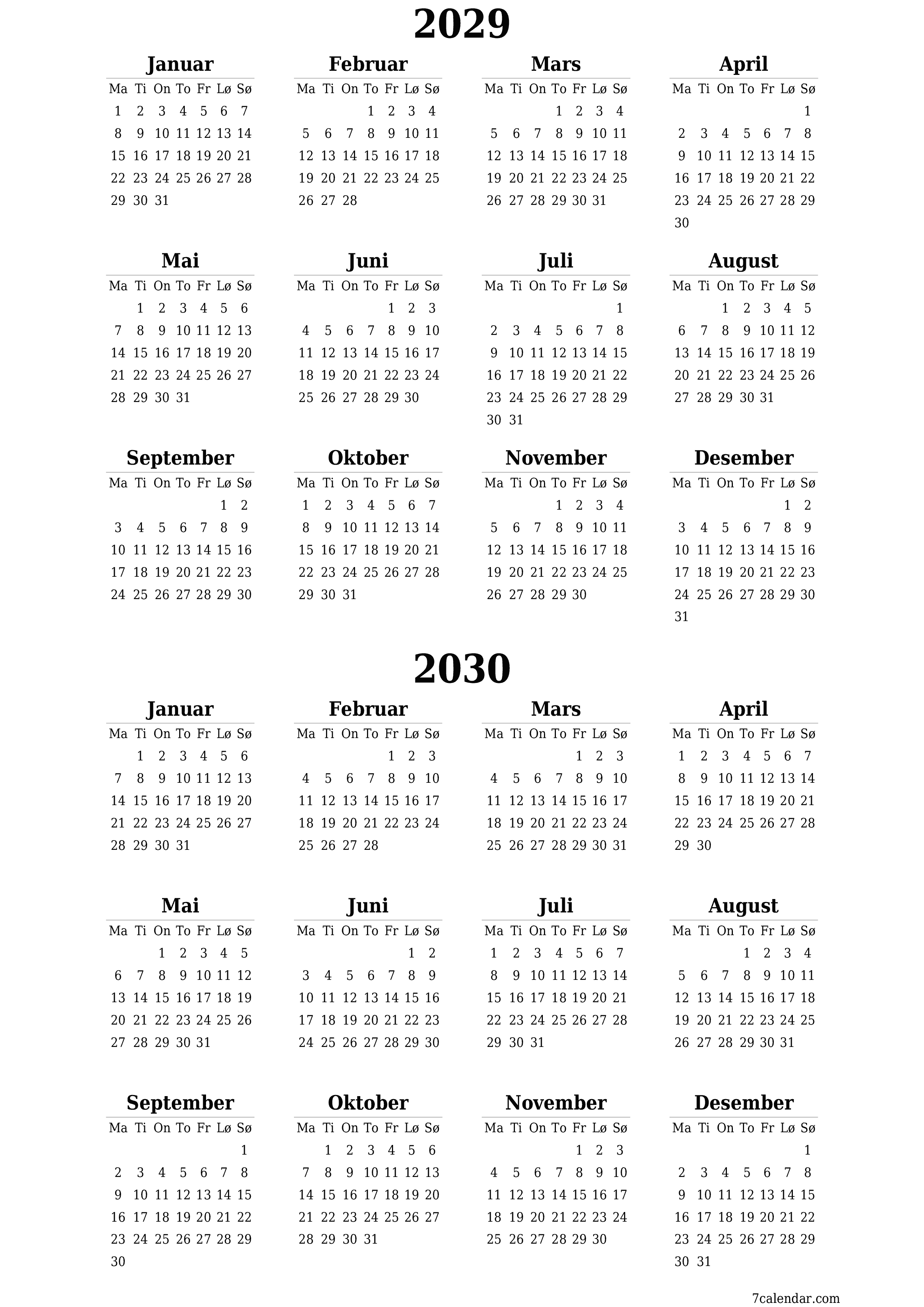 Tom årlig planleggerkalender for året 2029, 2030 med notater, lagre og skrive ut i PDF PNG Norwegian