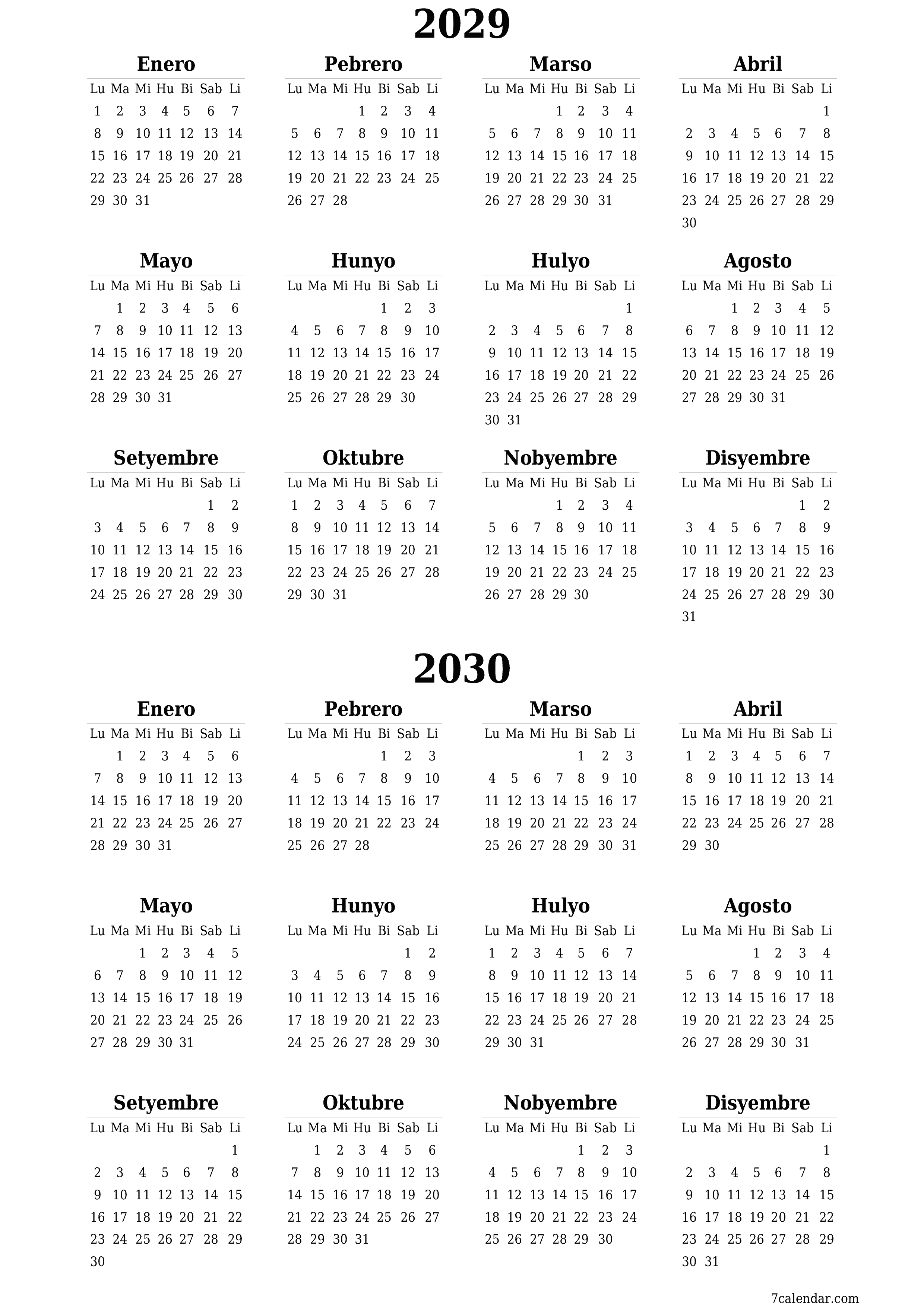 napi-print na sa dingding template ng libreng patayo Taunan kalendaryo Hunyo (Hun) 2029