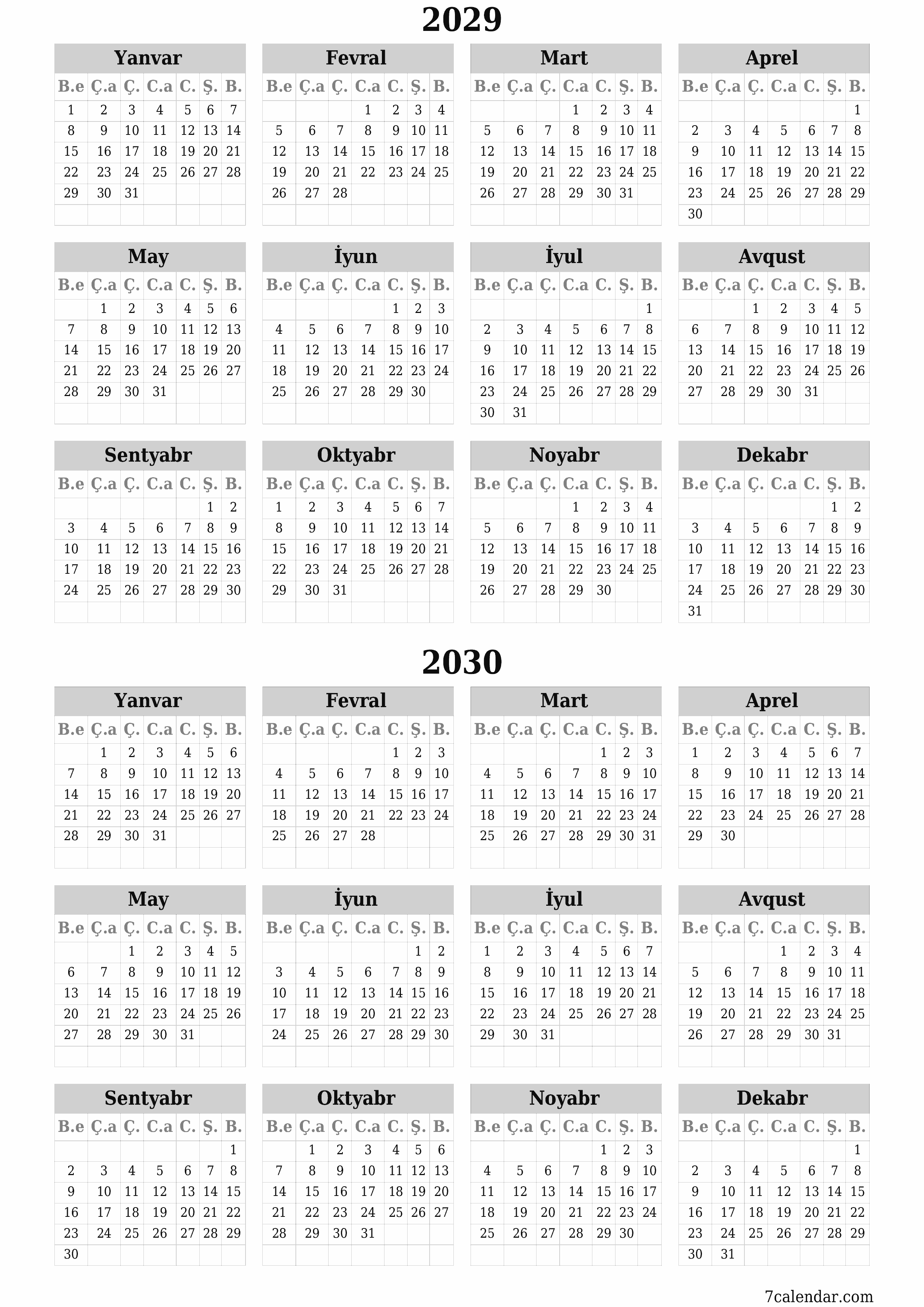 çap edilə bilən divar i şablonu pulsuz şaquli İllik təqvim İyun (İyun) 2029
