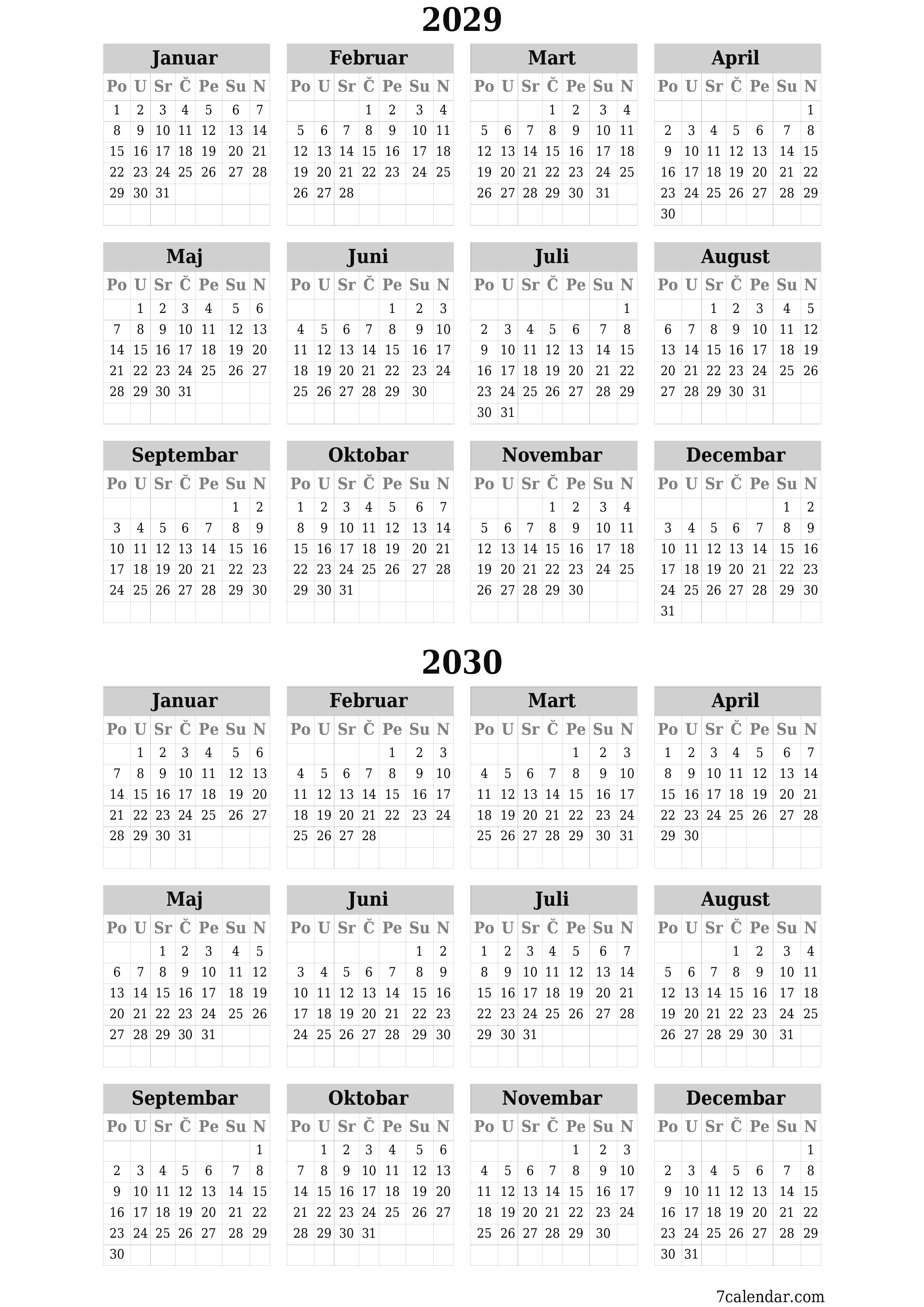 Ispraznite godišnji kalendar planera za godinu 2029, 2030 s bilješkama, spremite i ispišite u PDF PNG Bosnian