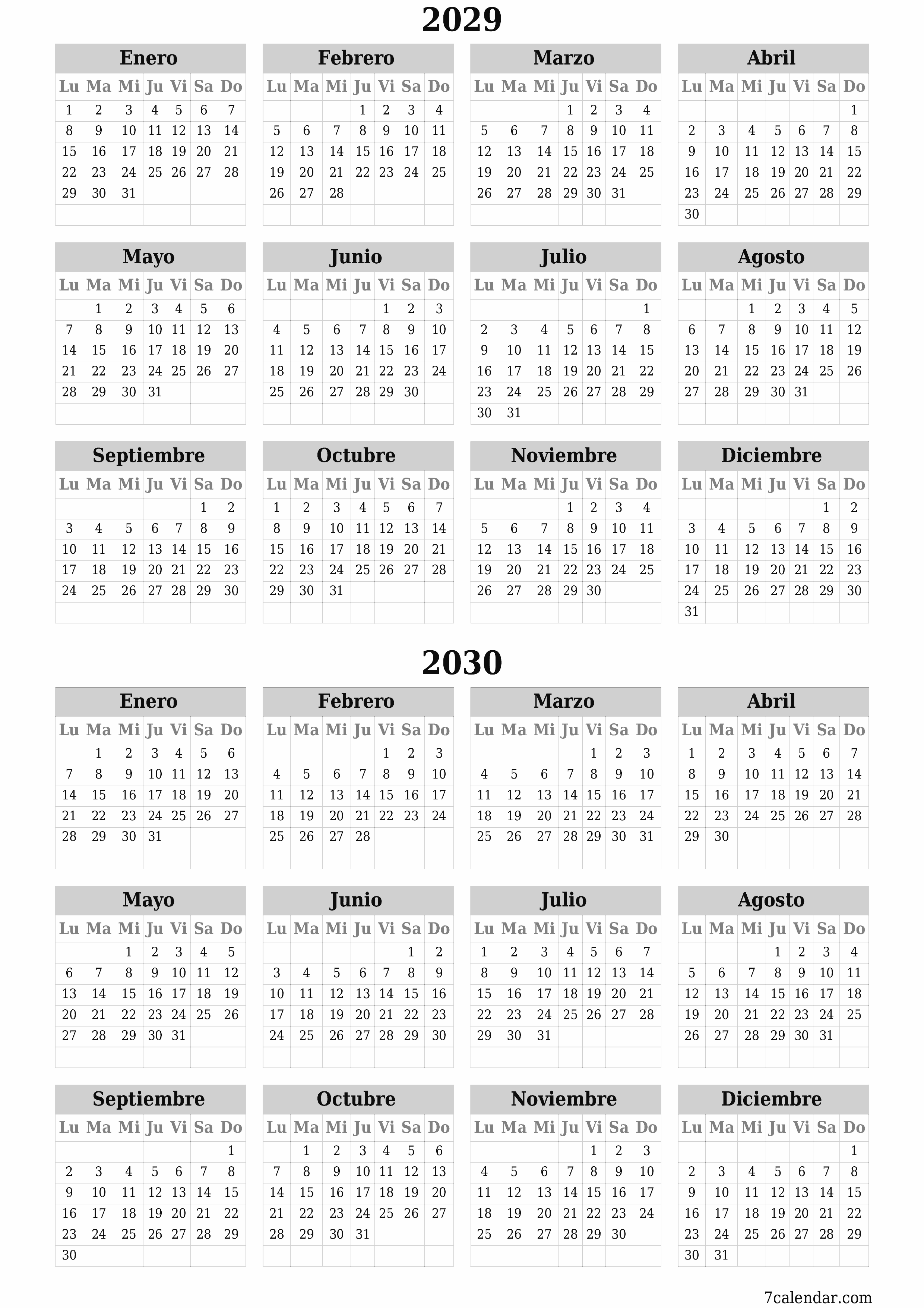 Calendario planificador anual vacío para el año 2029, 2030 con notas, guardar e imprimir en PDF PNG Spanish