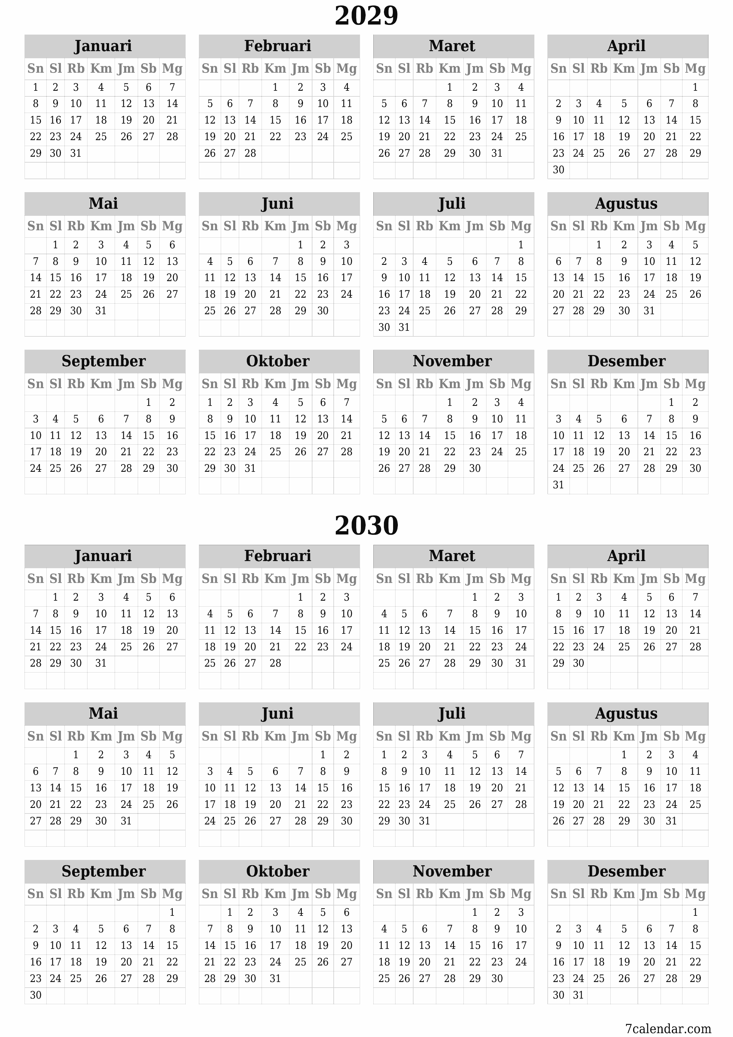 Kosongkan kalender perencana tahunan untuk tahun ini 2029, 2030 dengan catatan, simpan dan cetak ke PDF PNG Indonesian