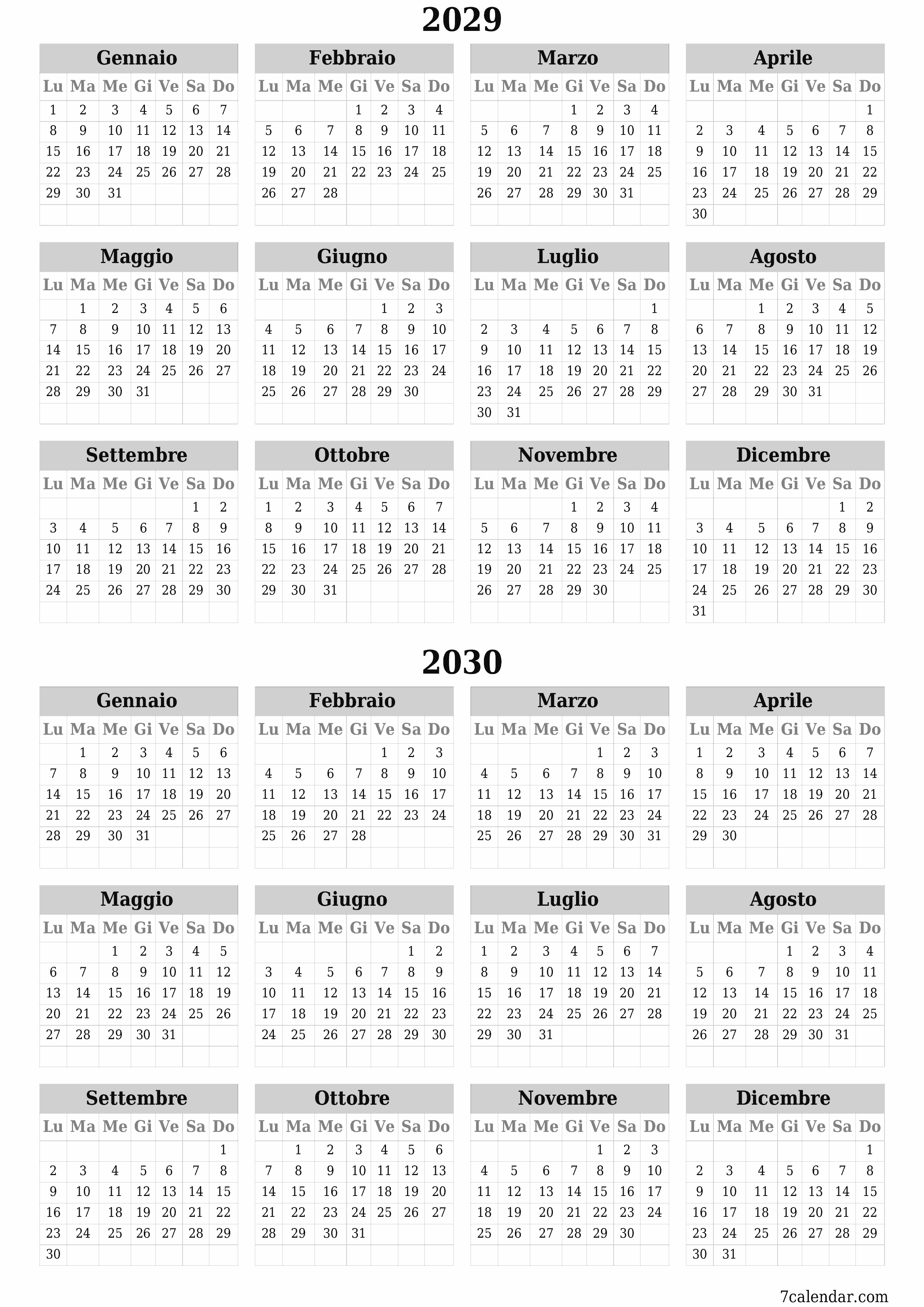 Calendario pianificatore annuale vuoto per l'anno 2029, 2030 con note, salva e stampa in PDF PNG Italian