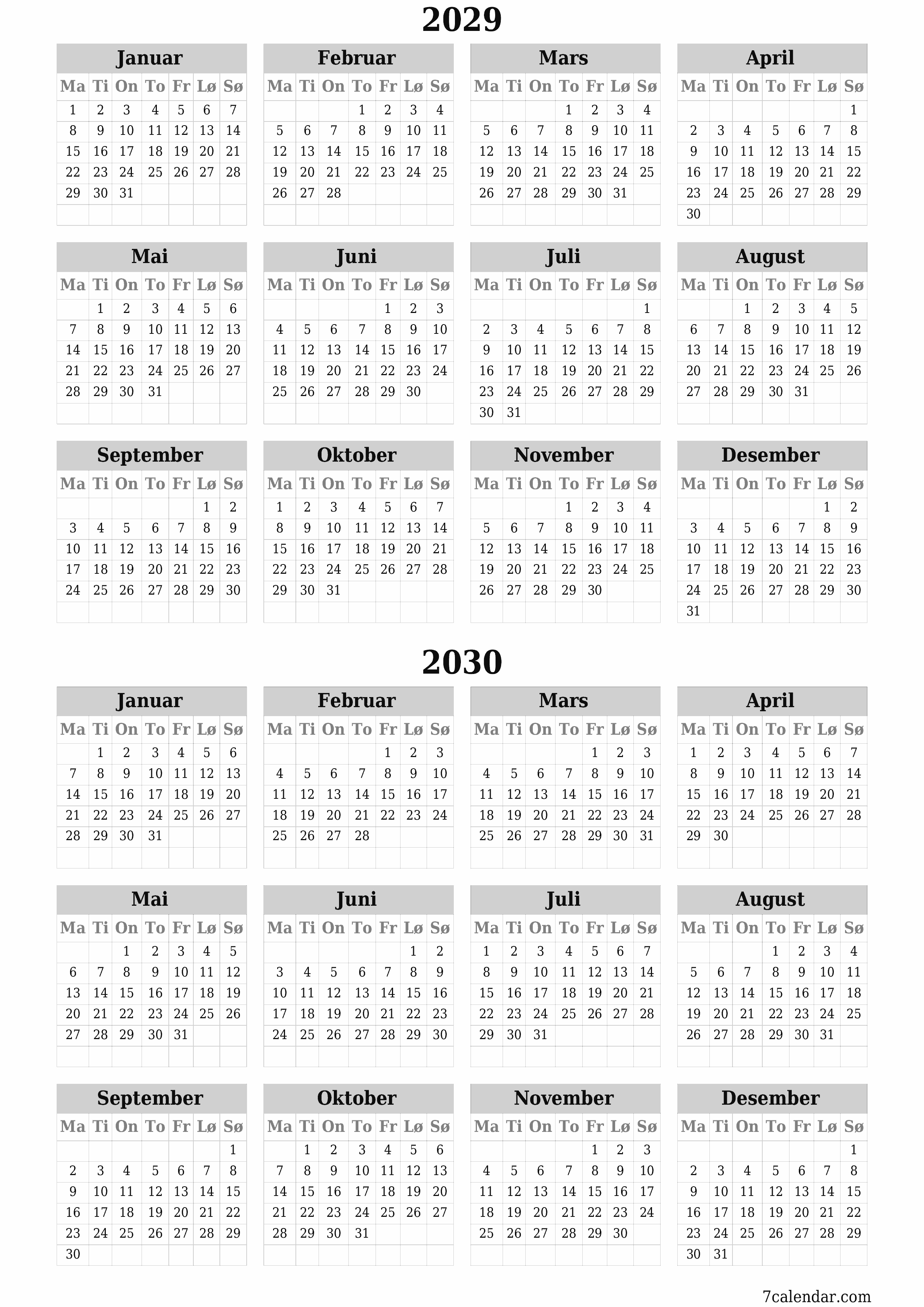 Tom årlig planleggerkalender for året 2029, 2030 med notater, lagre og skrive ut i PDF PNG Norwegian