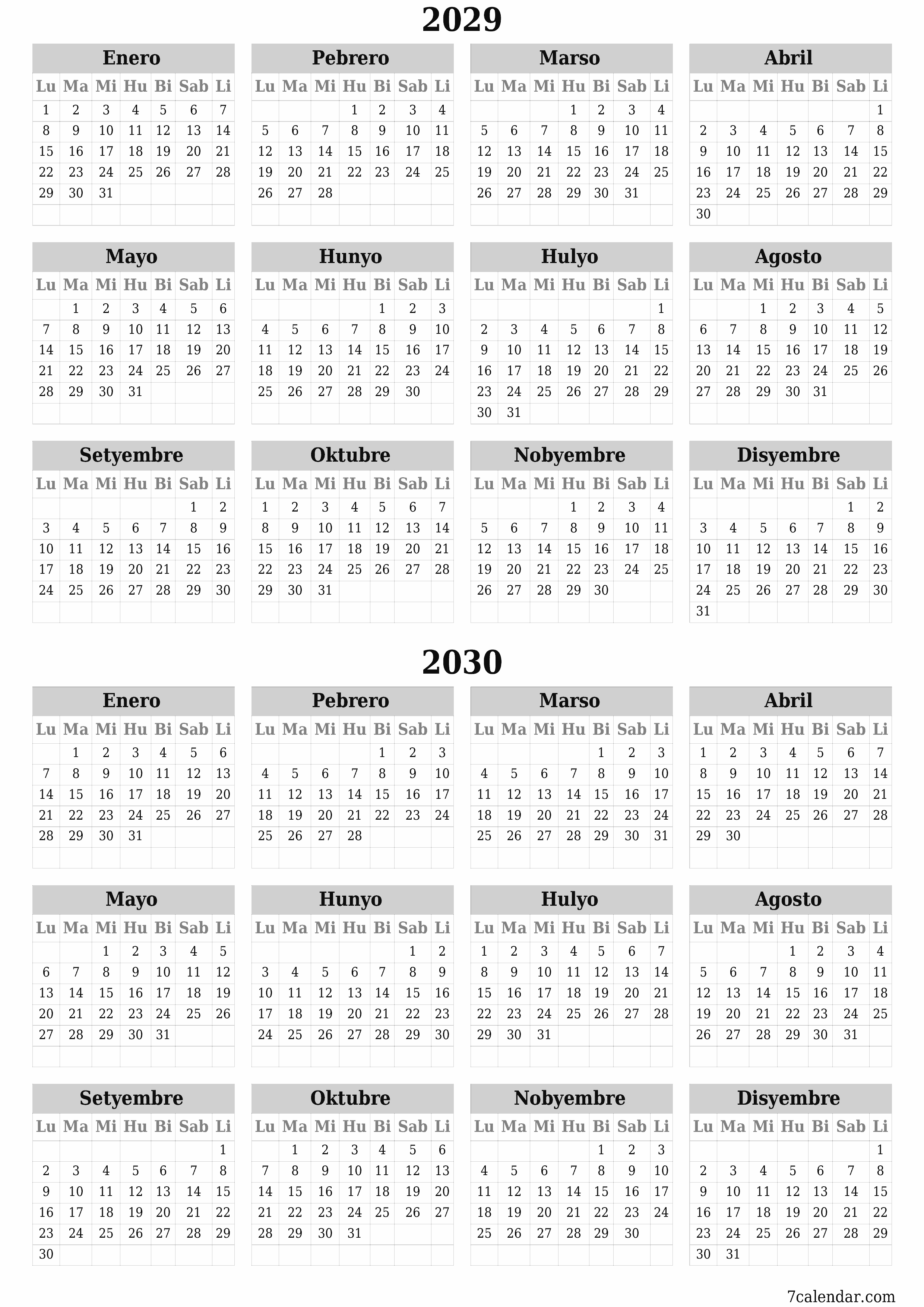 napi-print na sa dingding template ng libreng patayo Taunan kalendaryo Hunyo (Hun) 2029