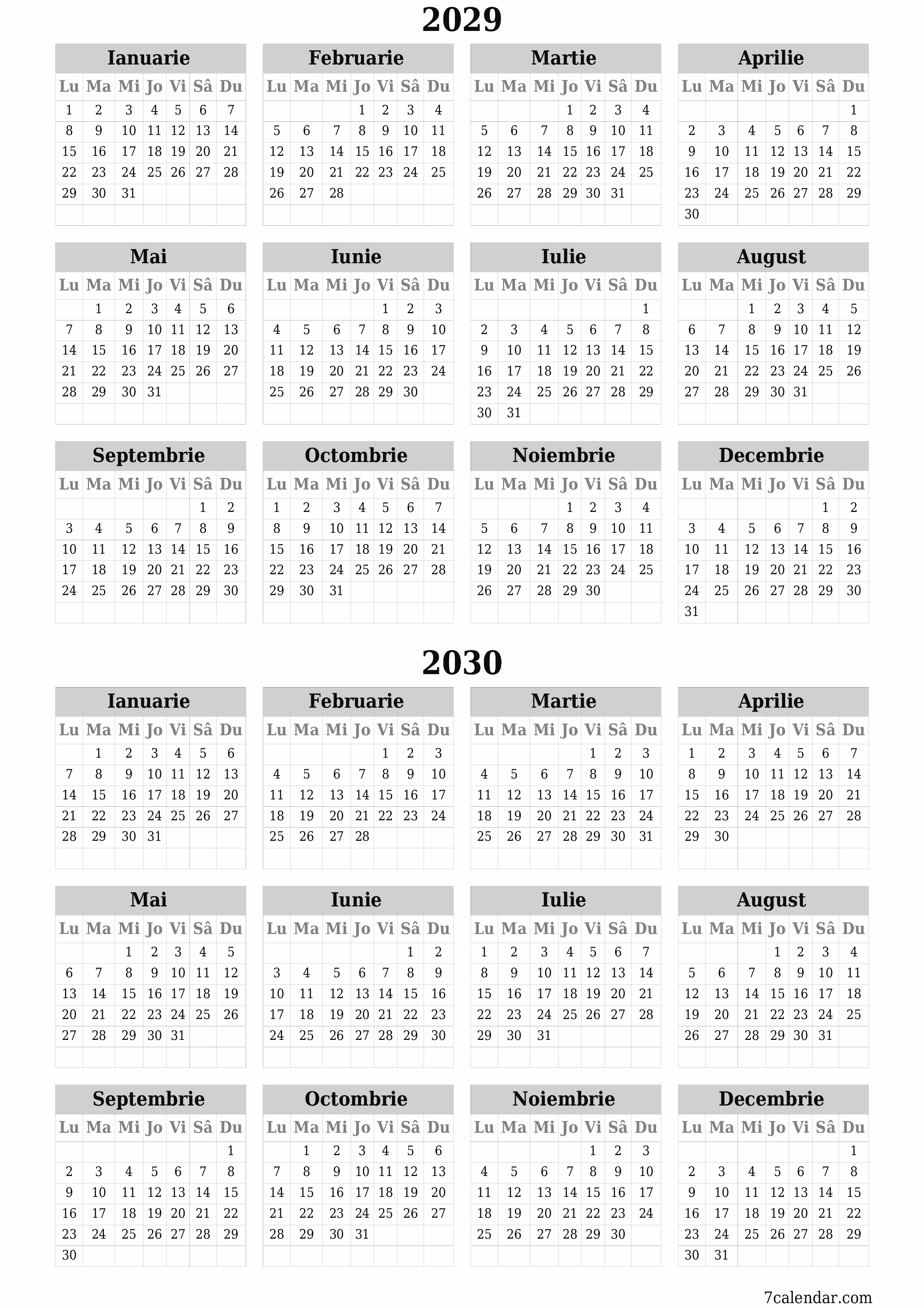 Goliți calendarul anual al planificatorului pentru anul 2029, 2030 cu note, salvați și tipăriți în PDF PNG Romanian