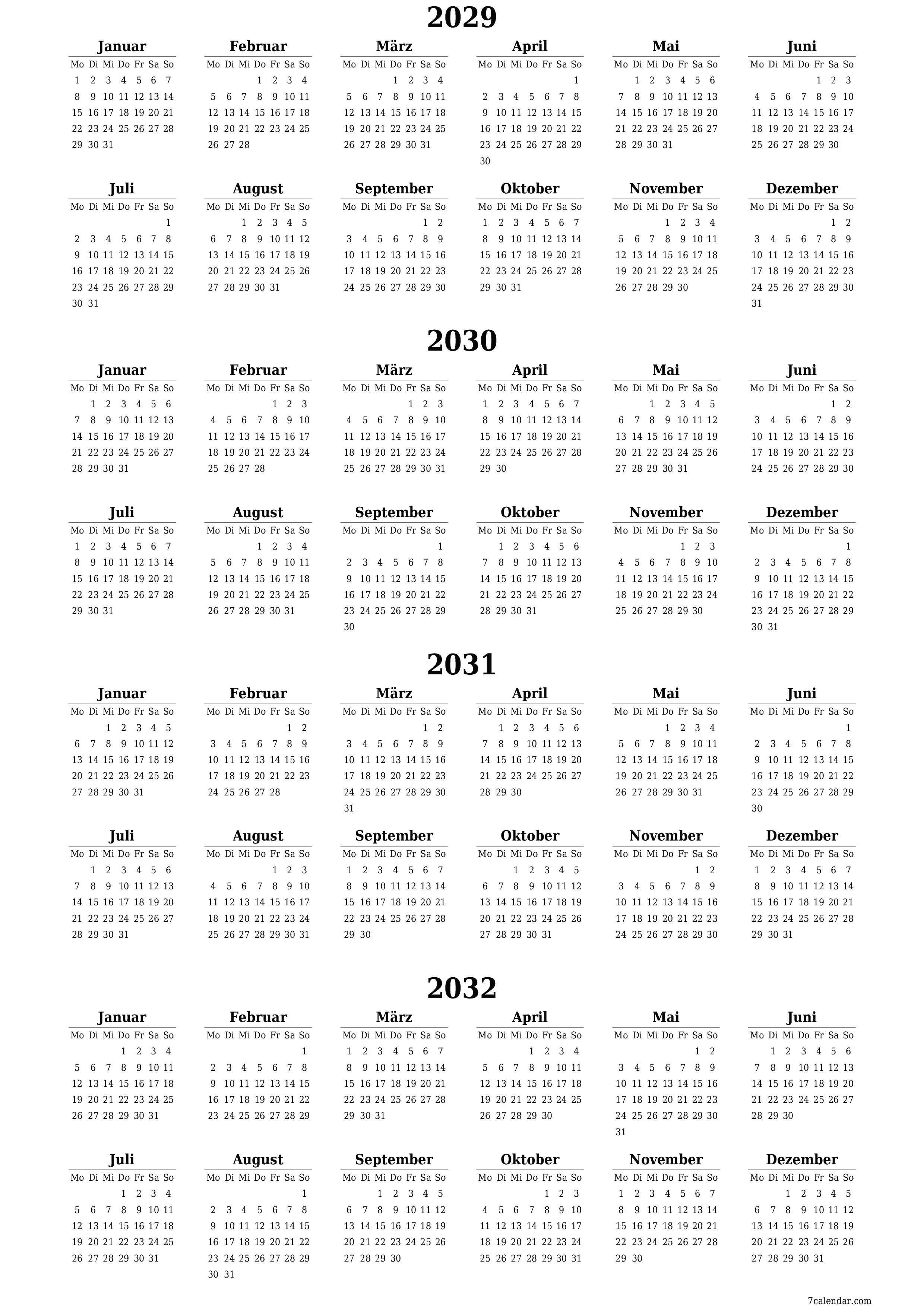 Jahresplanerkalender für das Jahr 2029, 2030, 2031, 2032 mit Notizen leeren, speichern und als PDF PNG German - 7calendar.com drucken