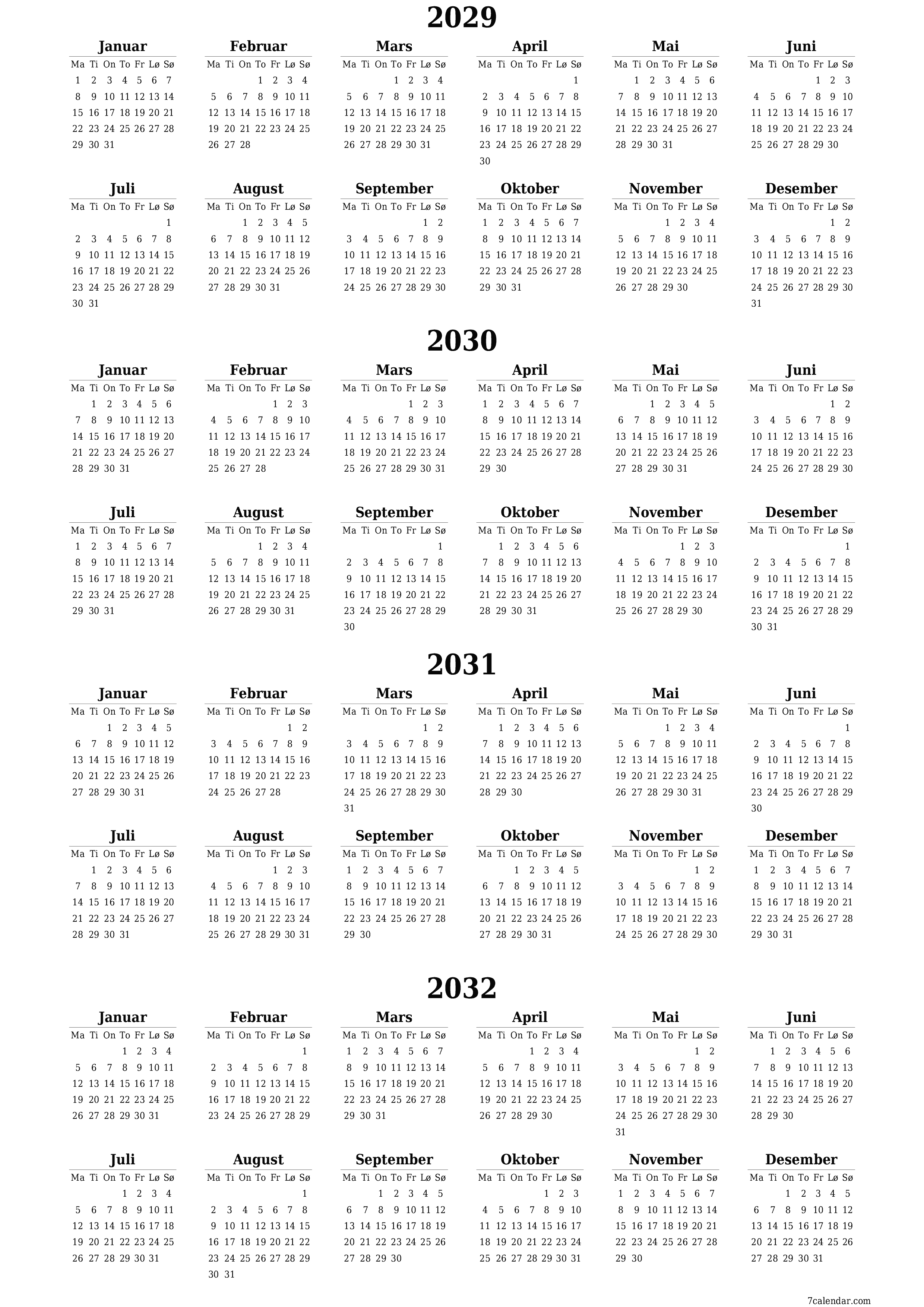 Tom årlig planleggerkalender for året 2029, 2030, 2031, 2032 med notater, lagre og skrive ut i PDF PNG Norwegian