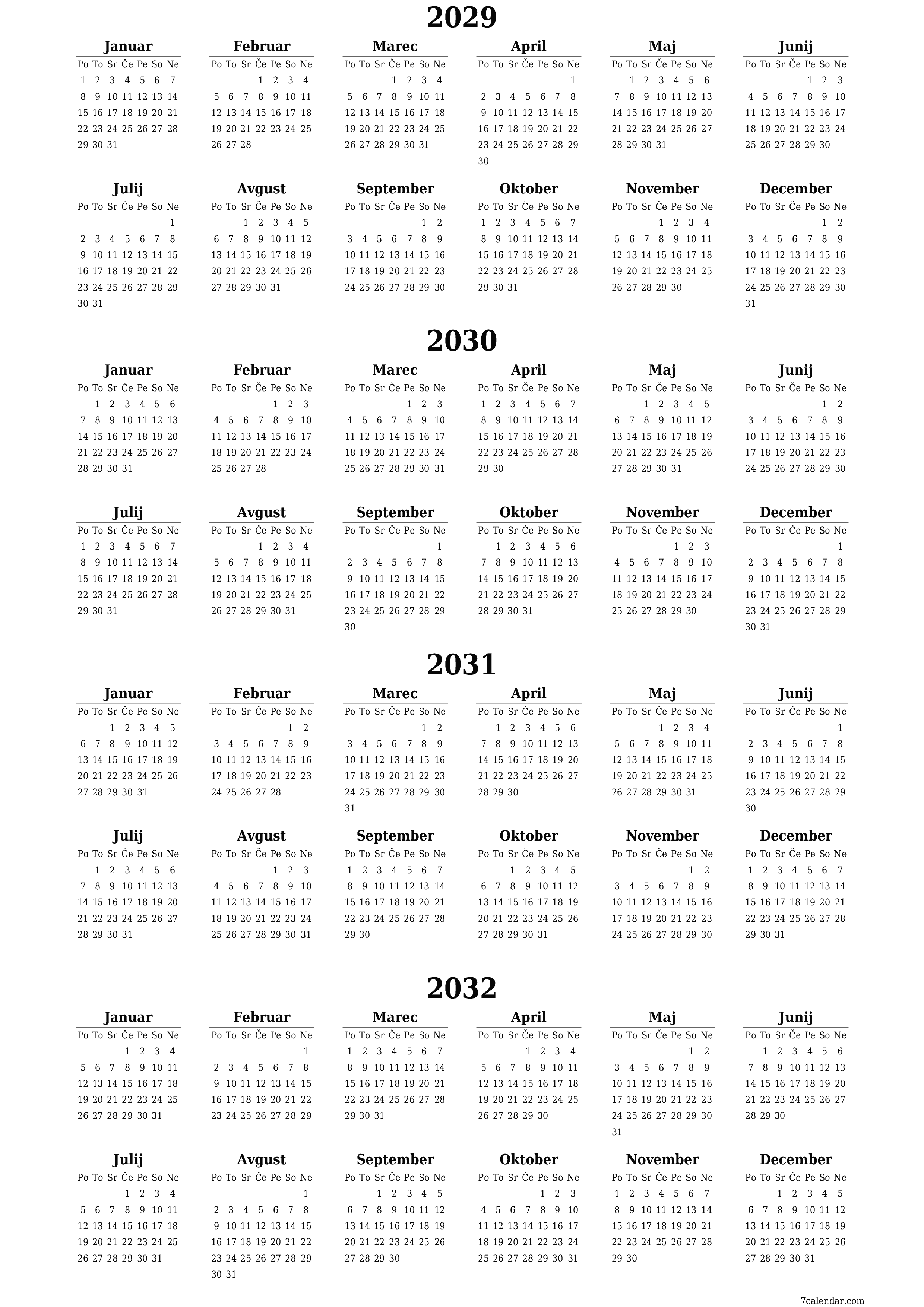 Prazen letni načrtovalec koledarja za leto 2029, 2030, 2031, 2032 z opombami za tiskanje v PDF-ju PNG Slovenian