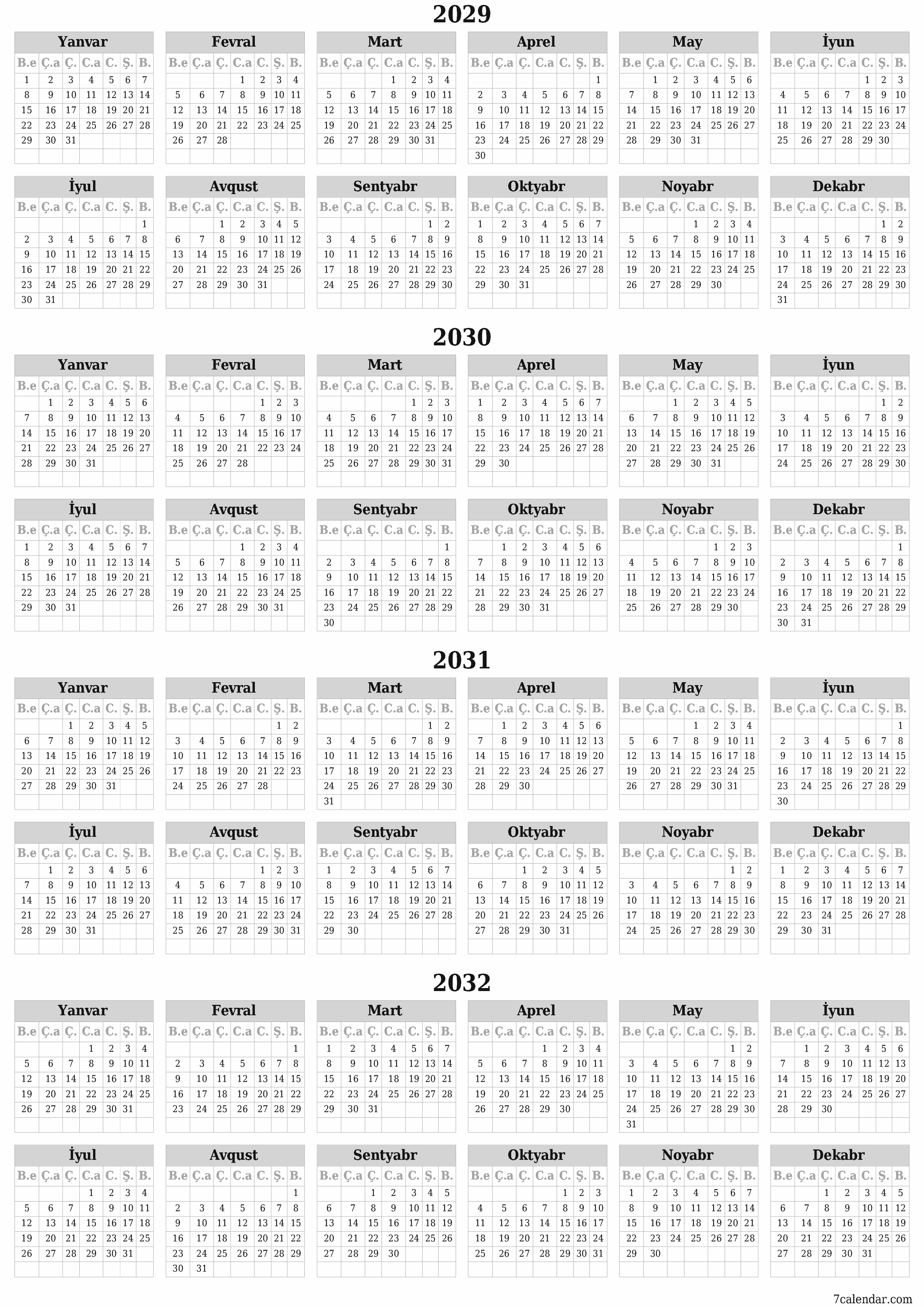 çap edilə bilən divar i şablonu pulsuz şaquli İllik təqvim Aprel (Apr) 2029