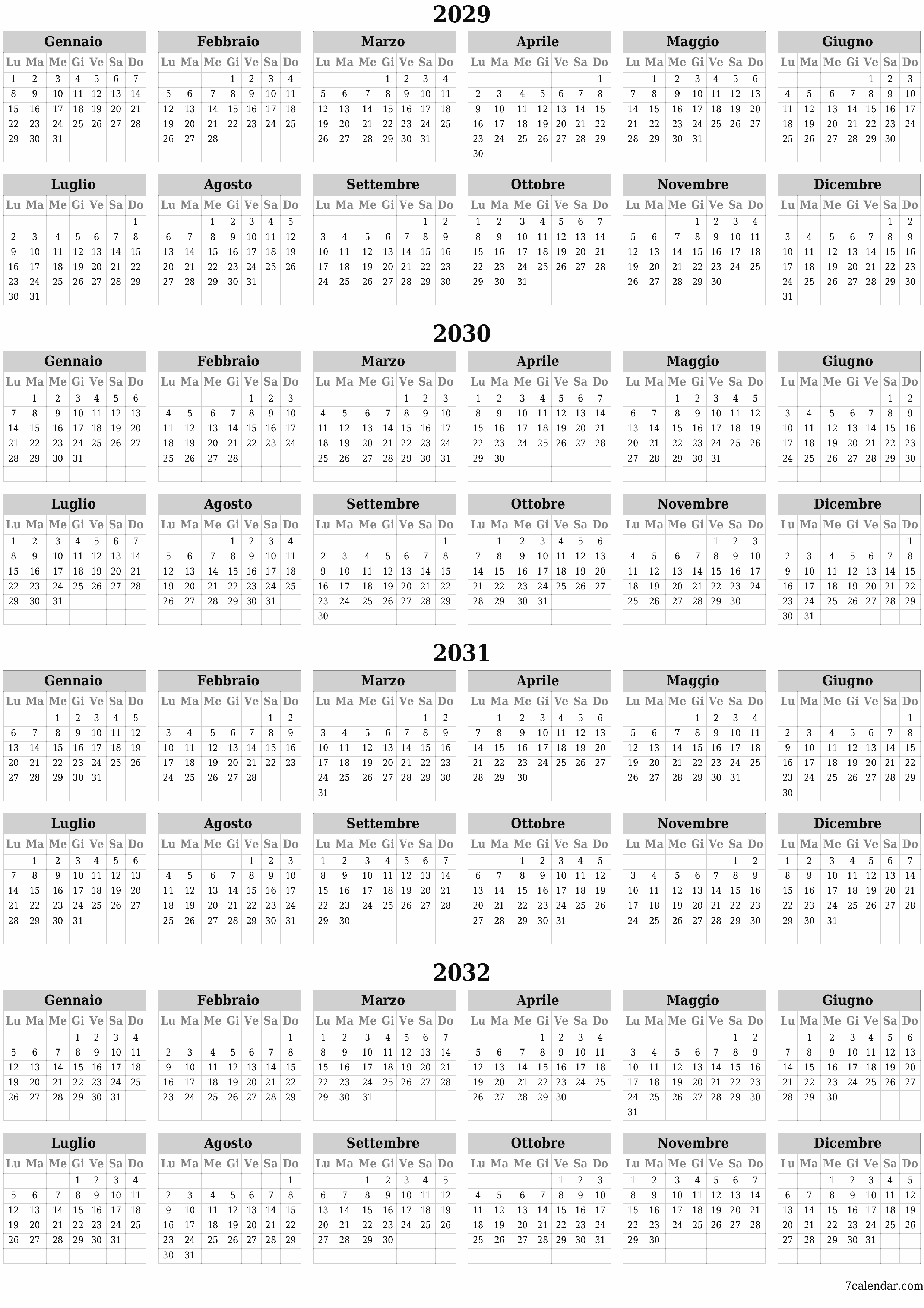 Calendario pianificatore annuale vuoto per l'anno 2029, 2030, 2031, 2032 con note, salva e stampa in PDF PNG Italian