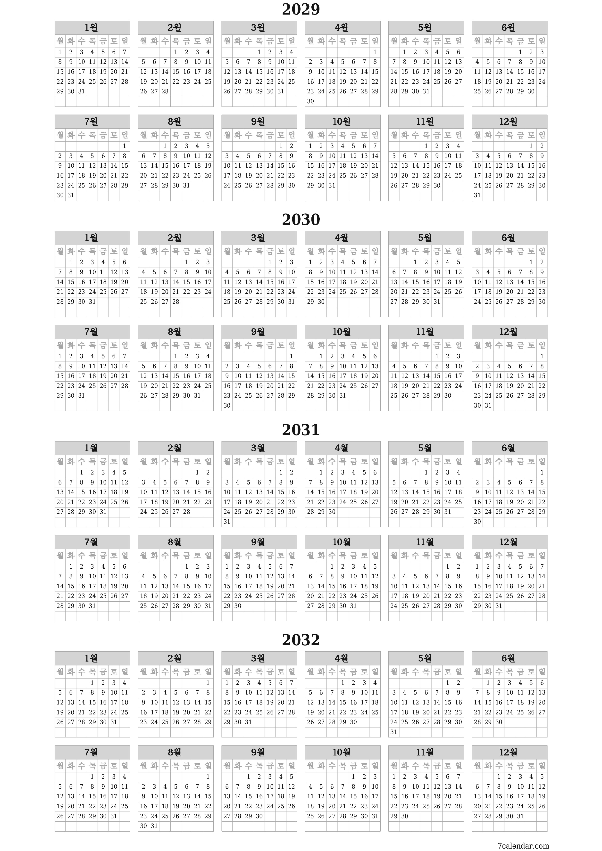 메모가있는 2029, 2030, 2031, 2032 년의 연간 플래너 캘린더 비우기, 저장하고 PDF PNG Korean-7calendar.com으로 인쇄