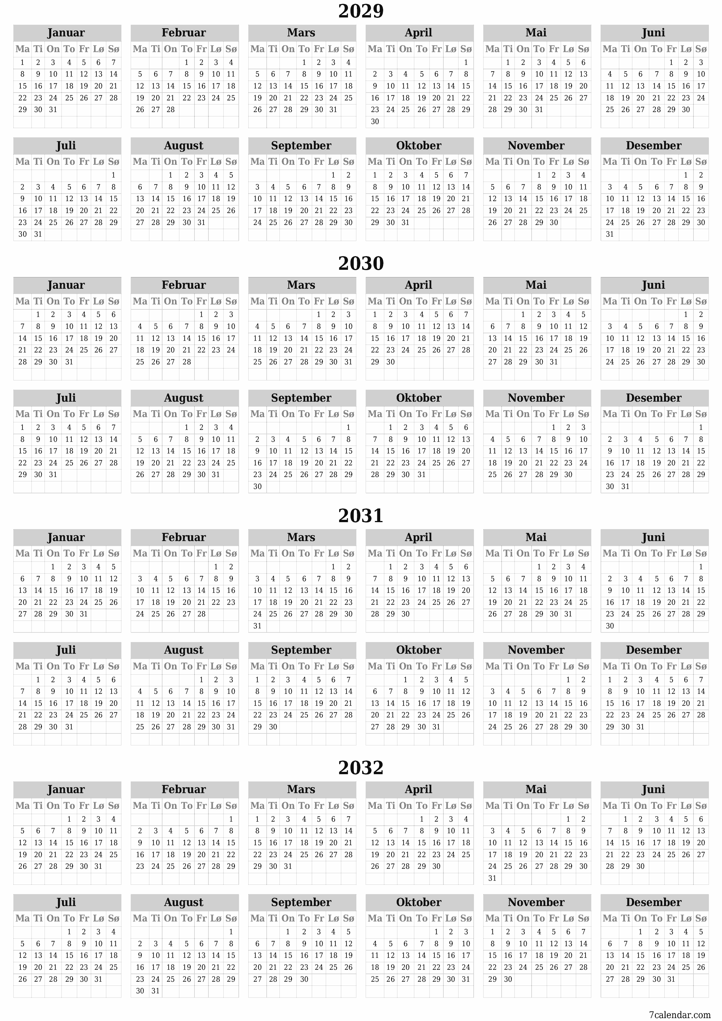 Tom årlig planleggerkalender for året 2029, 2030, 2031, 2032 med notater, lagre og skrive ut i PDF PNG Norwegian