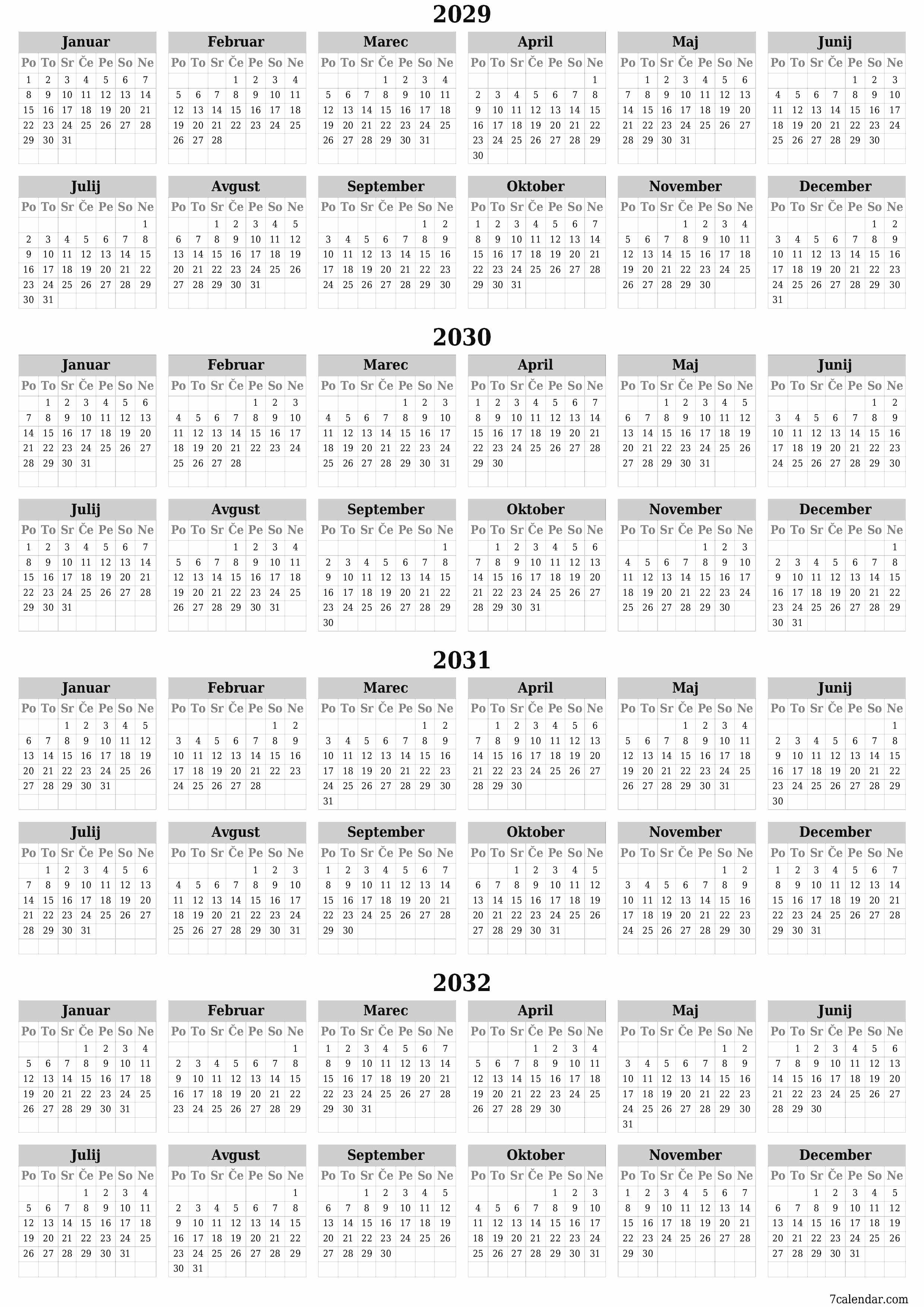 Prazen letni načrtovalec koledarja za leto 2029, 2030, 2031, 2032 z opombami za tiskanje v PDF-ju PNG Slovenian