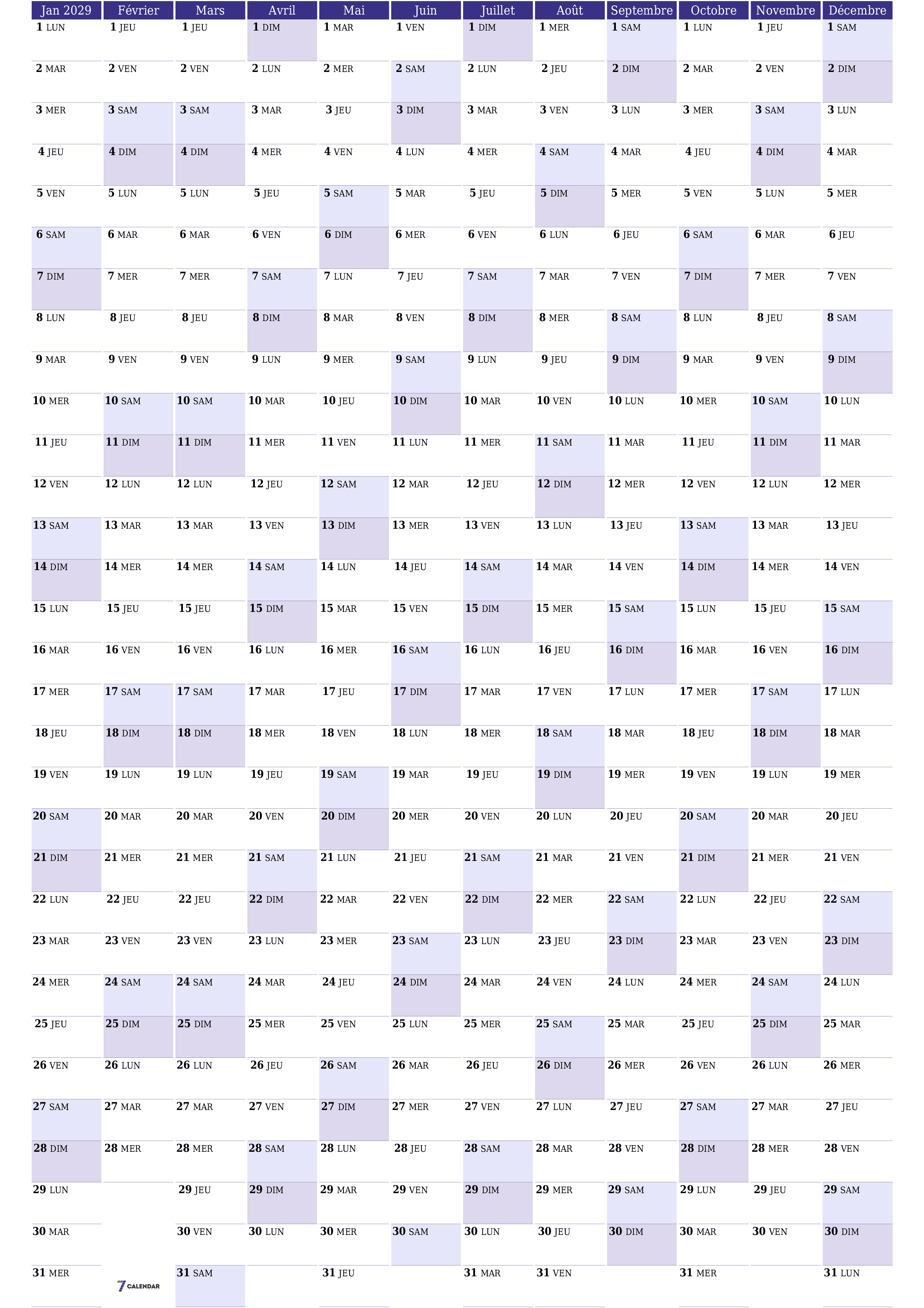 Calendrier annuel vide pour l'année 2029 avec notes, enregistrer et imprimer au format PDF PNG French